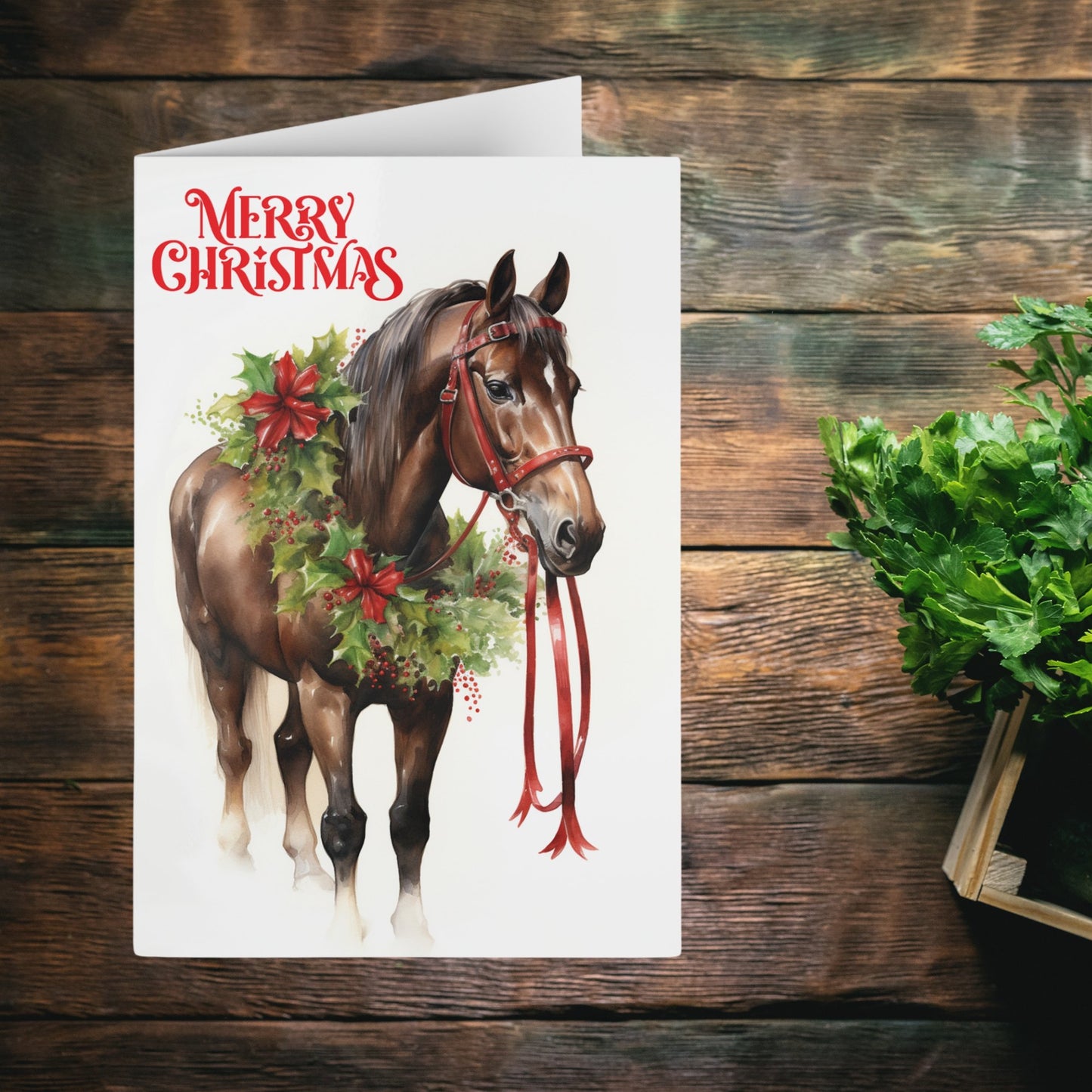 Brown Bay Horse Christmas Card, Artwork Design Christmas Greeting Card - FlooredByArt