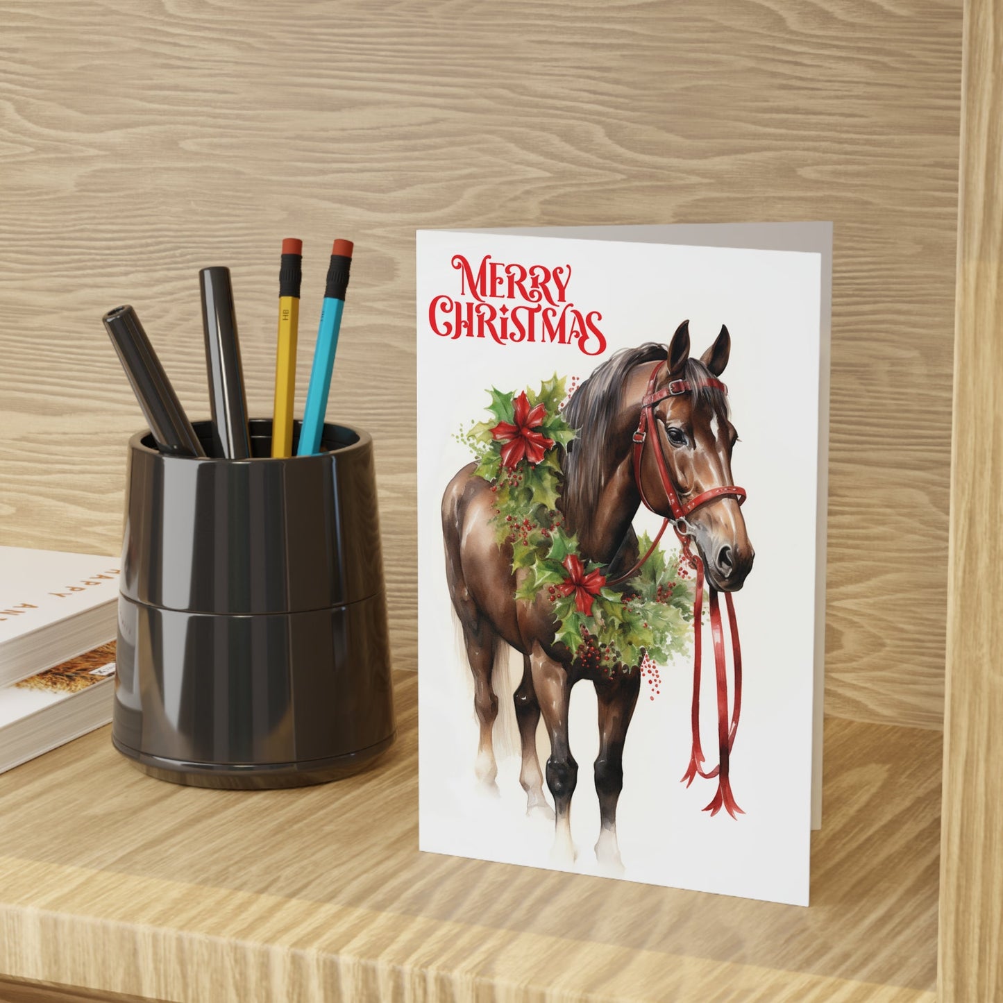 Brown Bay Horse Christmas Card, Artwork Design Christmas Greeting Card - FlooredByArt