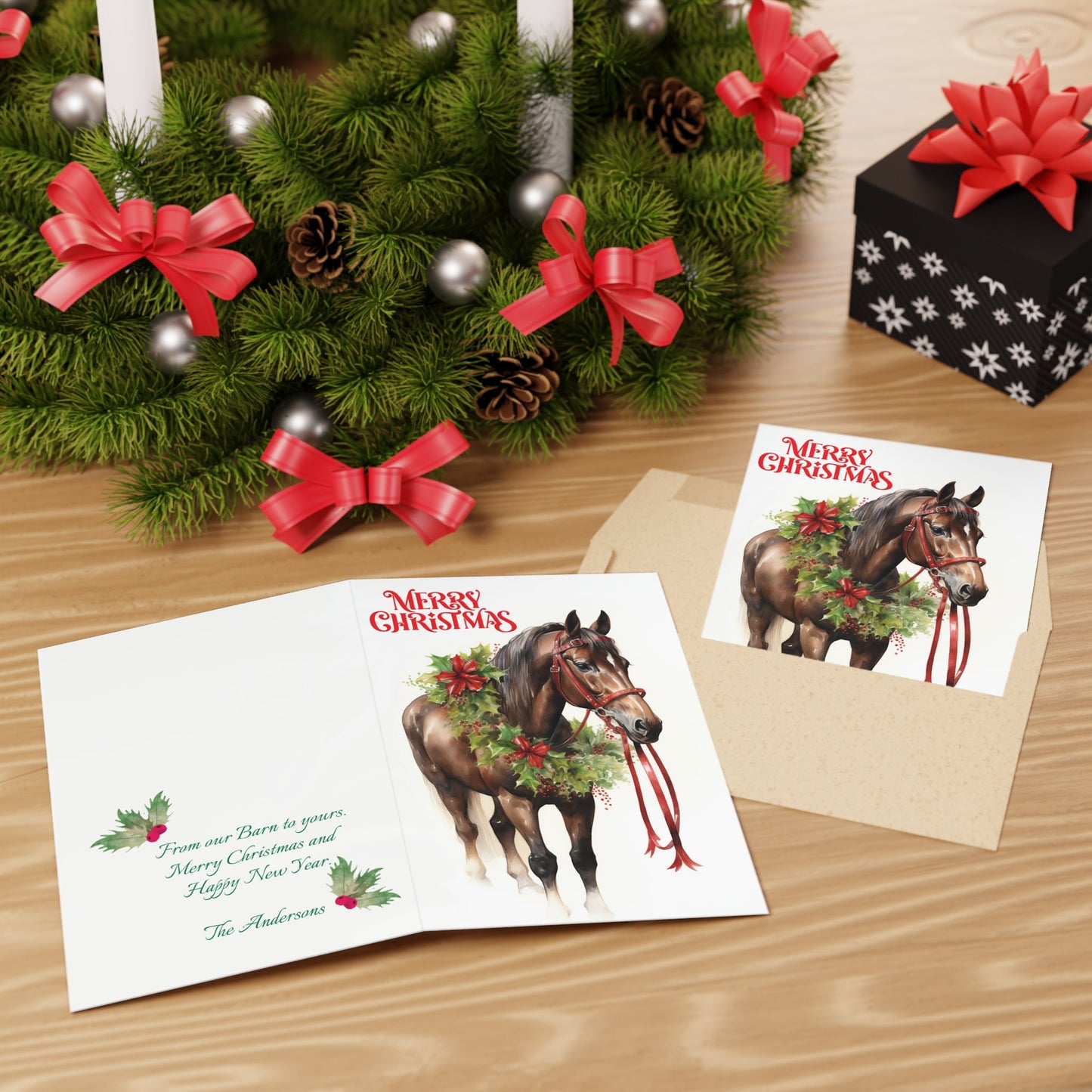 Brown Bay Horse Christmas Card, Artwork Design Christmas Greeting Card - FlooredByArt