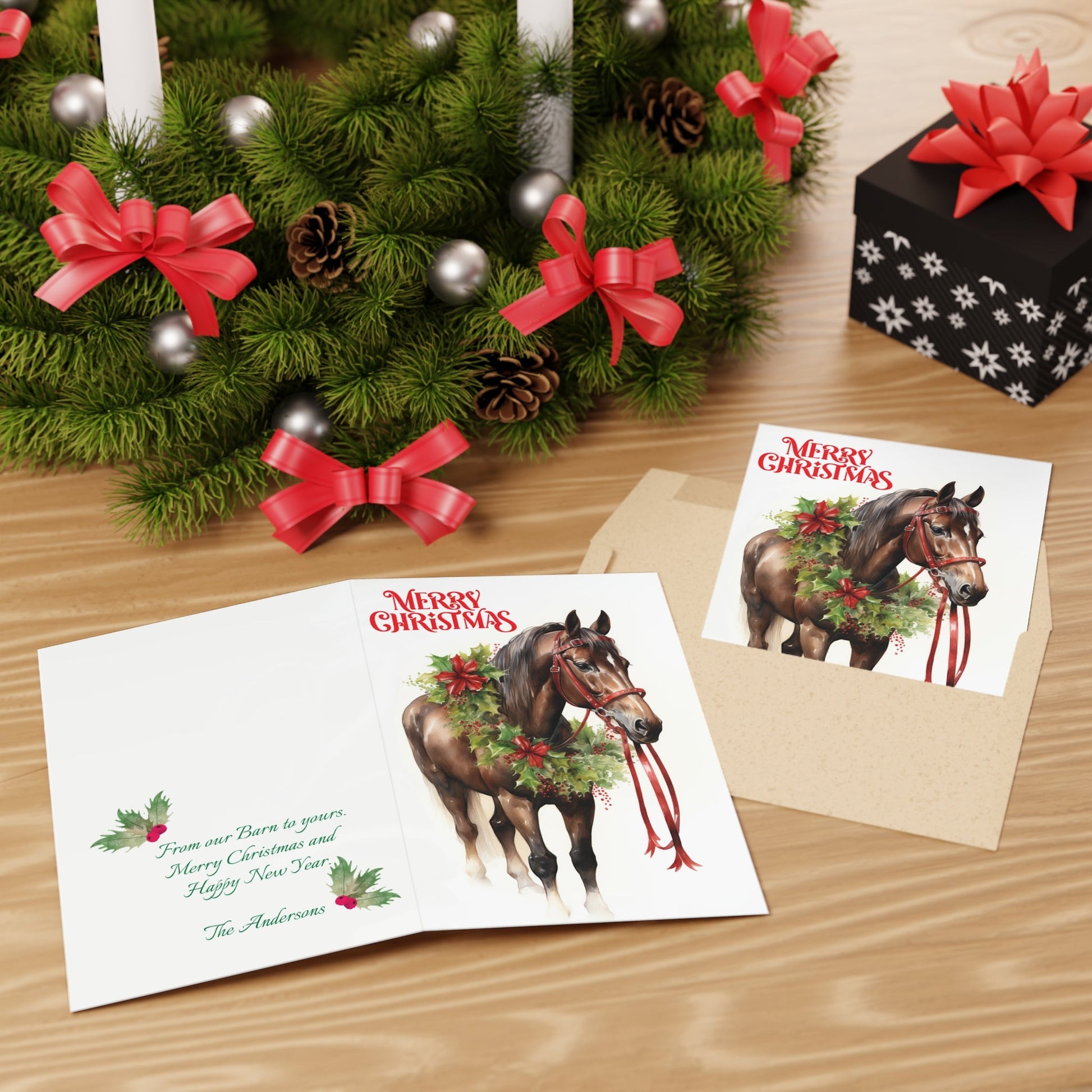 Brown Bay Horse Christmas Card, Artwork Design Christmas Greeting Card - FlooredByArt