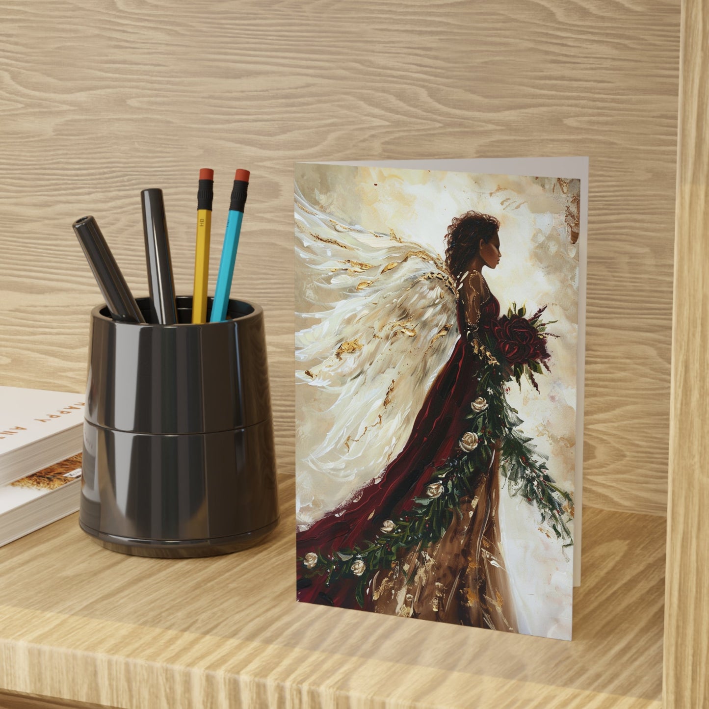 Burgandy Angel Card Set, Original Artwork Design, Blank Christmas Greeting - FlooredByArt