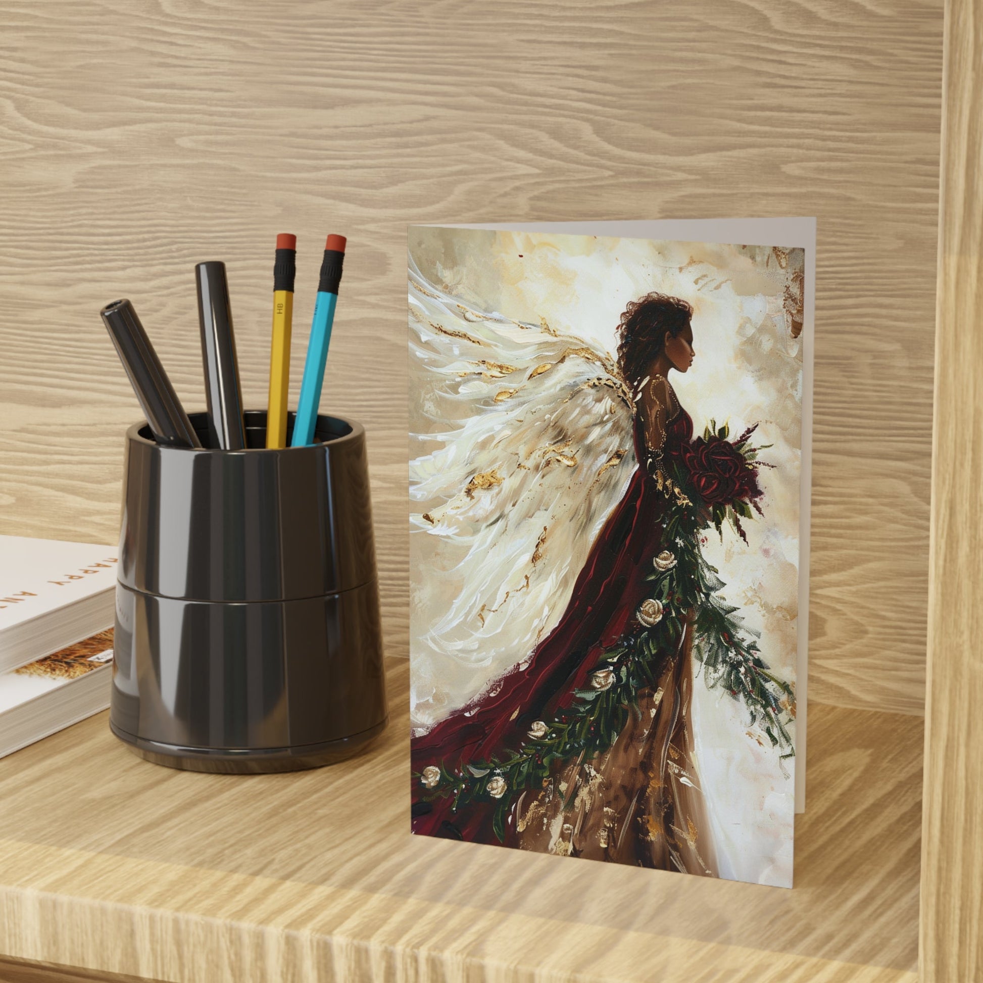 Burgandy Angel Card Set, Original Artwork Design, Blank Christmas Greeting - FlooredByArt