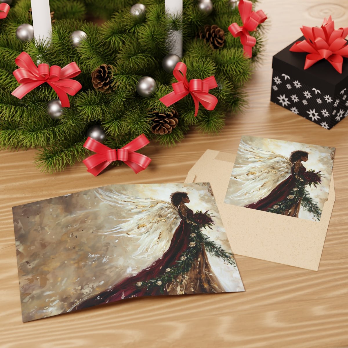Burgandy Angel Card Set, Original Artwork Design, Blank Christmas Greeting - FlooredByArt
