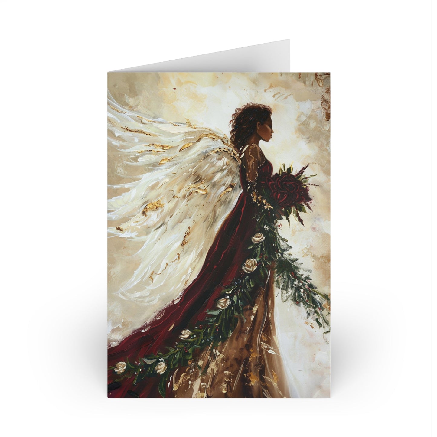 Burgandy Angel Card Set, Original Artwork Design, Blank Christmas Greeting - FlooredByArt