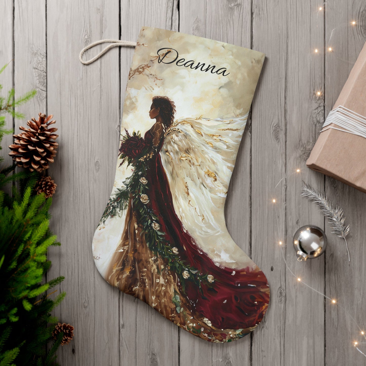 Burgandy Angel Christmas Stocking: Extra Large Family Christmas Decor, Original Artwork Design - FlooredByArt
