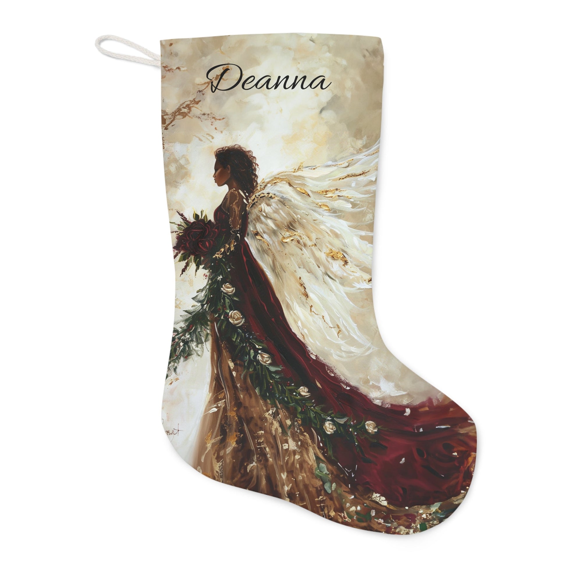 Burgandy Angel Christmas Stocking: Extra Large Family Christmas Decor, Original Artwork Design - FlooredByArt