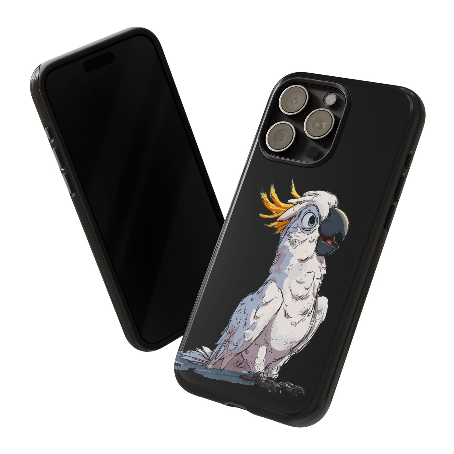 Cartoon Cockatoo Phone Case – Funny Bird Lover iPhone Cover, Black 2 Layer Tough Protection - FlooredByArt