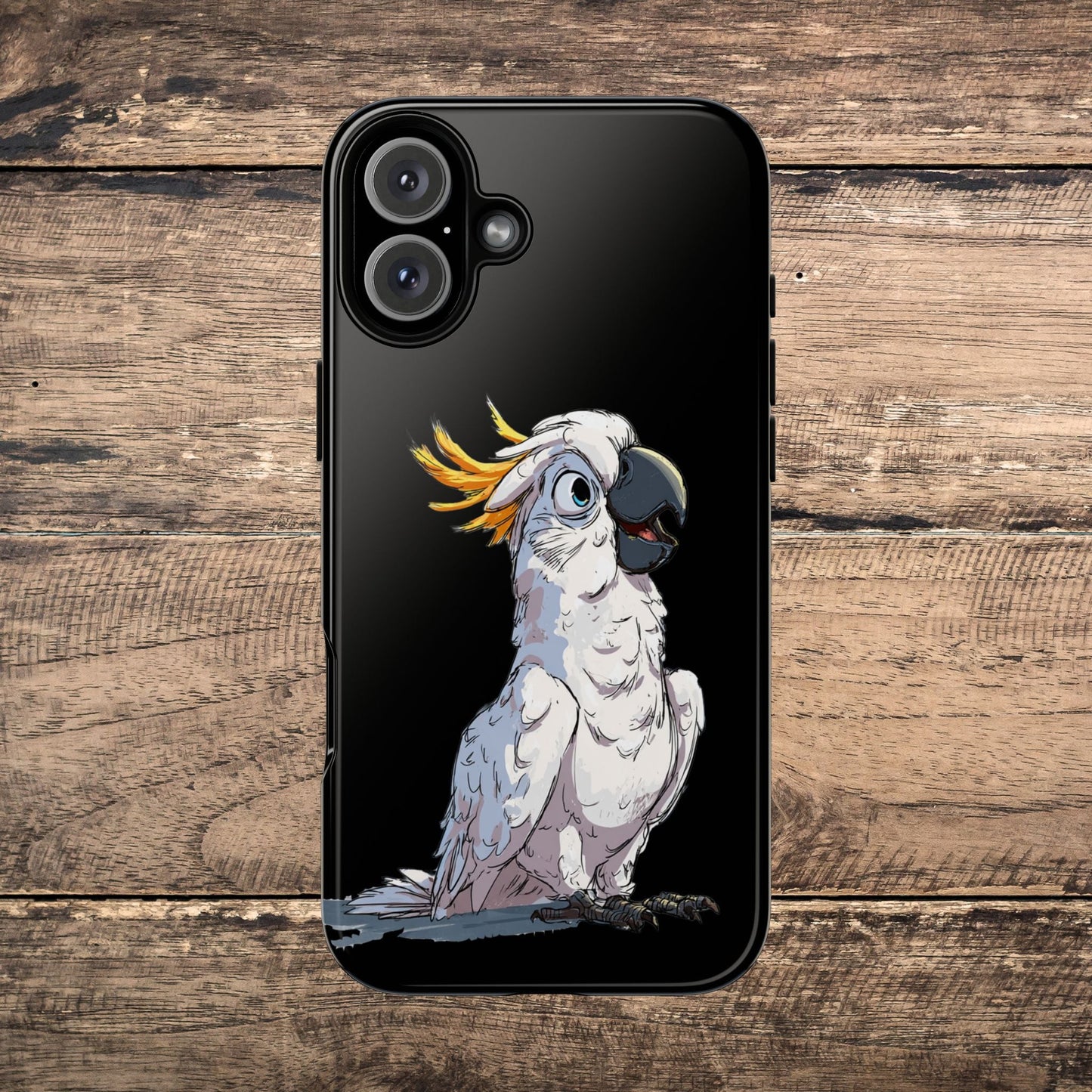 Cartoon Cockatoo Phone Case – Funny Bird Lover iPhone Cover, Black 2 Layer Tough Protection - FlooredByArt