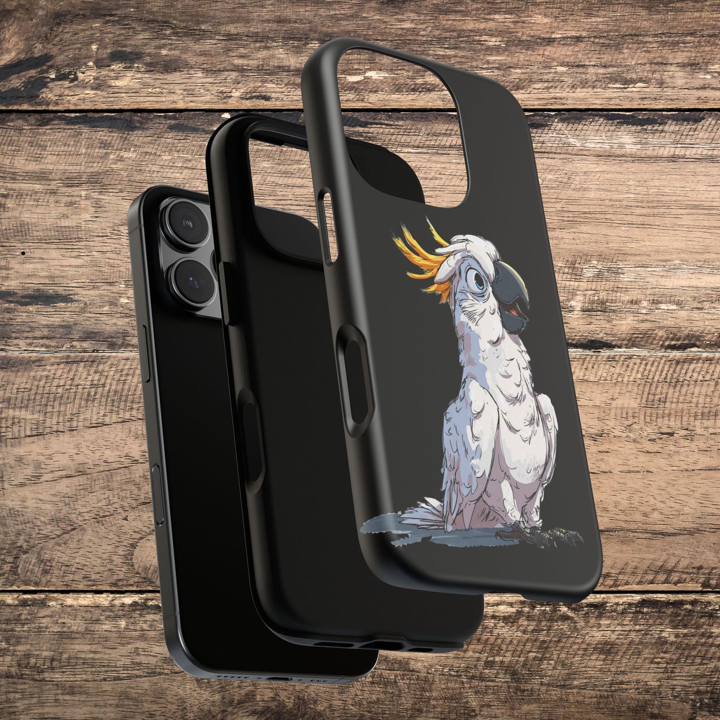 Cartoon Cockatoo Phone Case – Funny Bird Lover iPhone Cover, Black 2 Layer Tough Protection - FlooredByArt