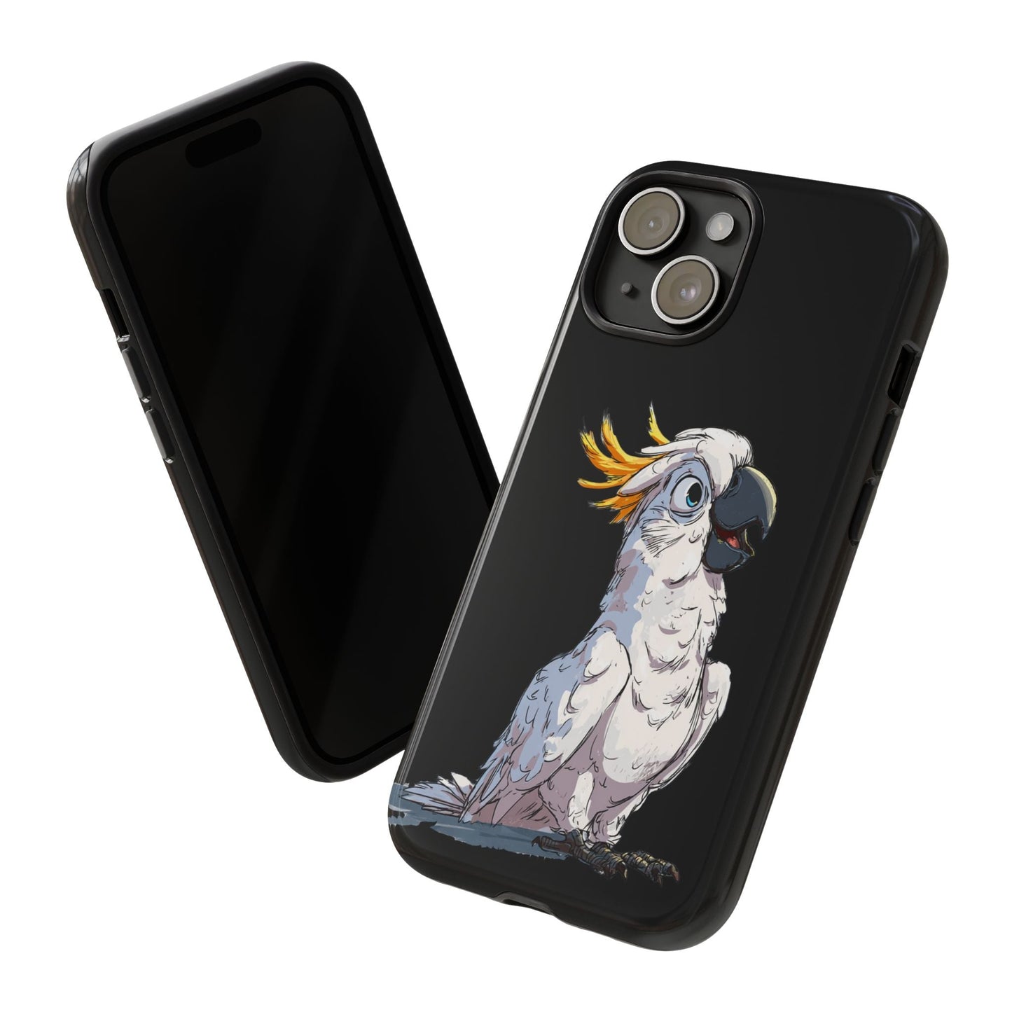 Cartoon Cockatoo Phone Case – Funny Bird Lover iPhone Cover, Black 2 Layer Tough Protection - FlooredByArt