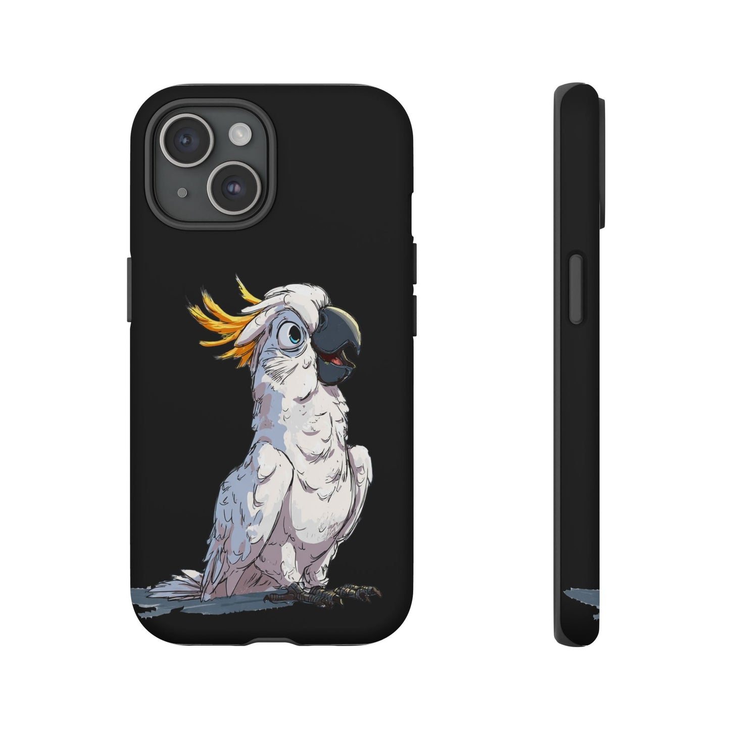 Cartoon Cockatoo Phone Case – Funny Bird Lover iPhone Cover, Black 2 Layer Tough Protection - FlooredByArt