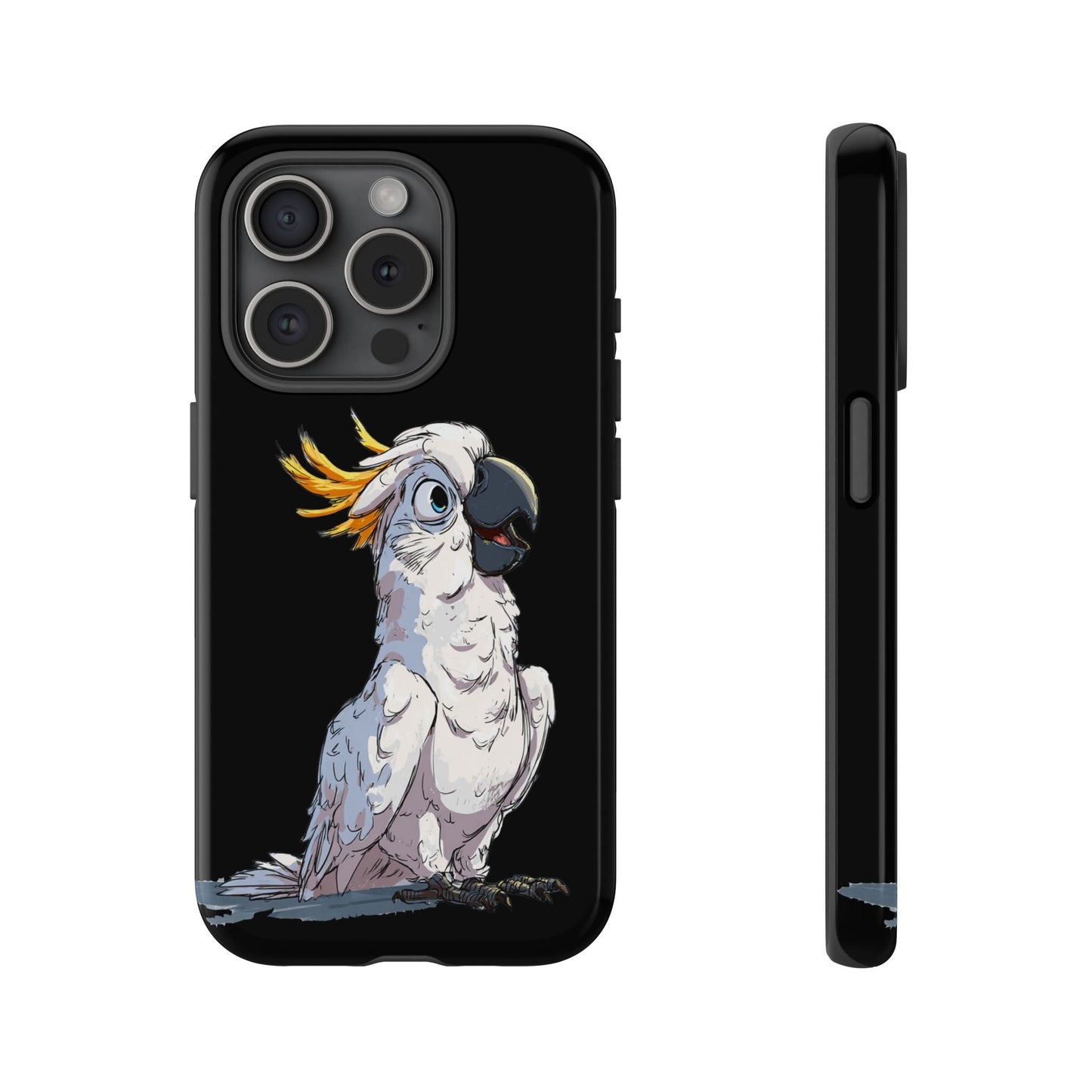 Cartoon Cockatoo Phone Case – Funny Bird Lover iPhone Cover, Black 2 Layer Tough Protection - FlooredByArt