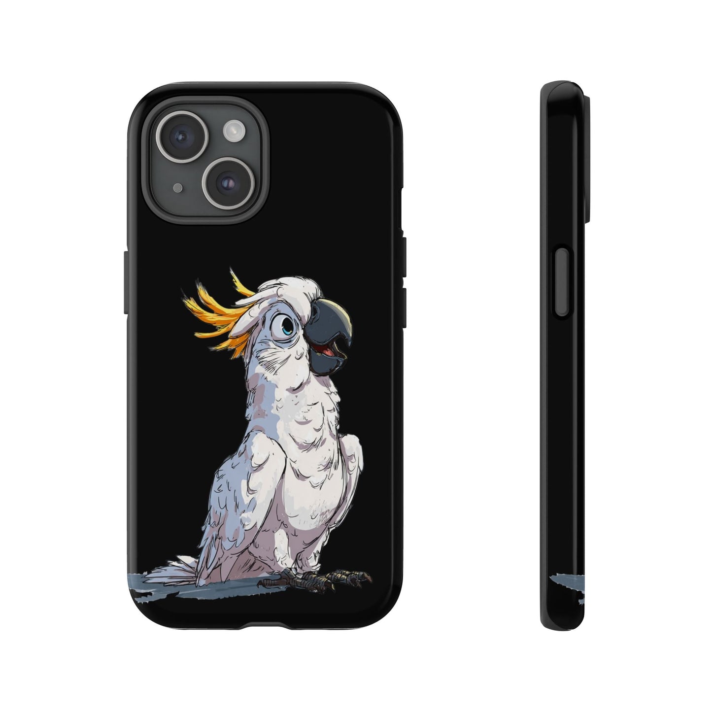 Cartoon Cockatoo Phone Case – Funny Bird Lover iPhone Cover, Black 2 Layer Tough Protection - FlooredByArt