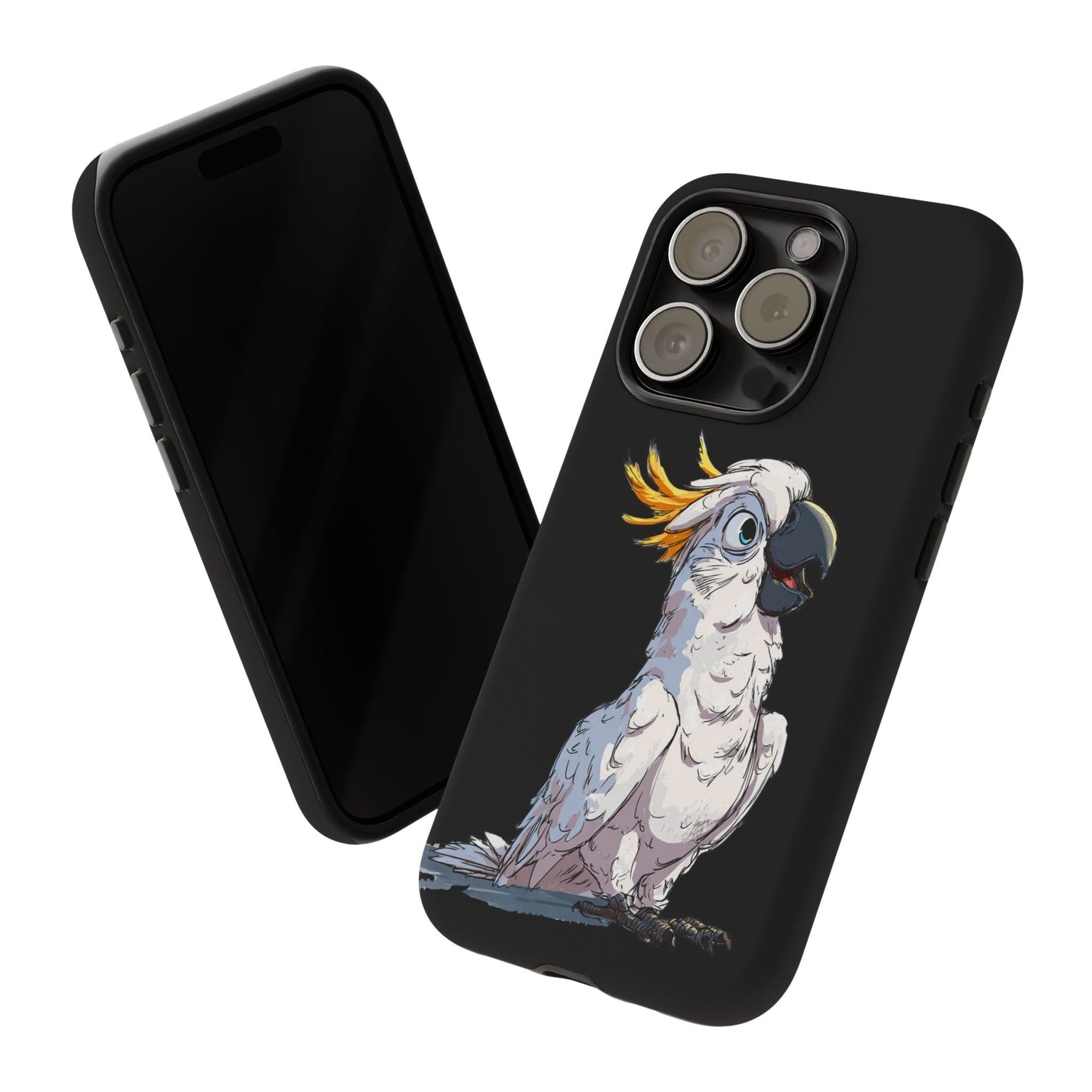 Cartoon Cockatoo Phone Case – Funny Bird Lover iPhone Cover, Black 2 Layer Tough Protection - FlooredByArt