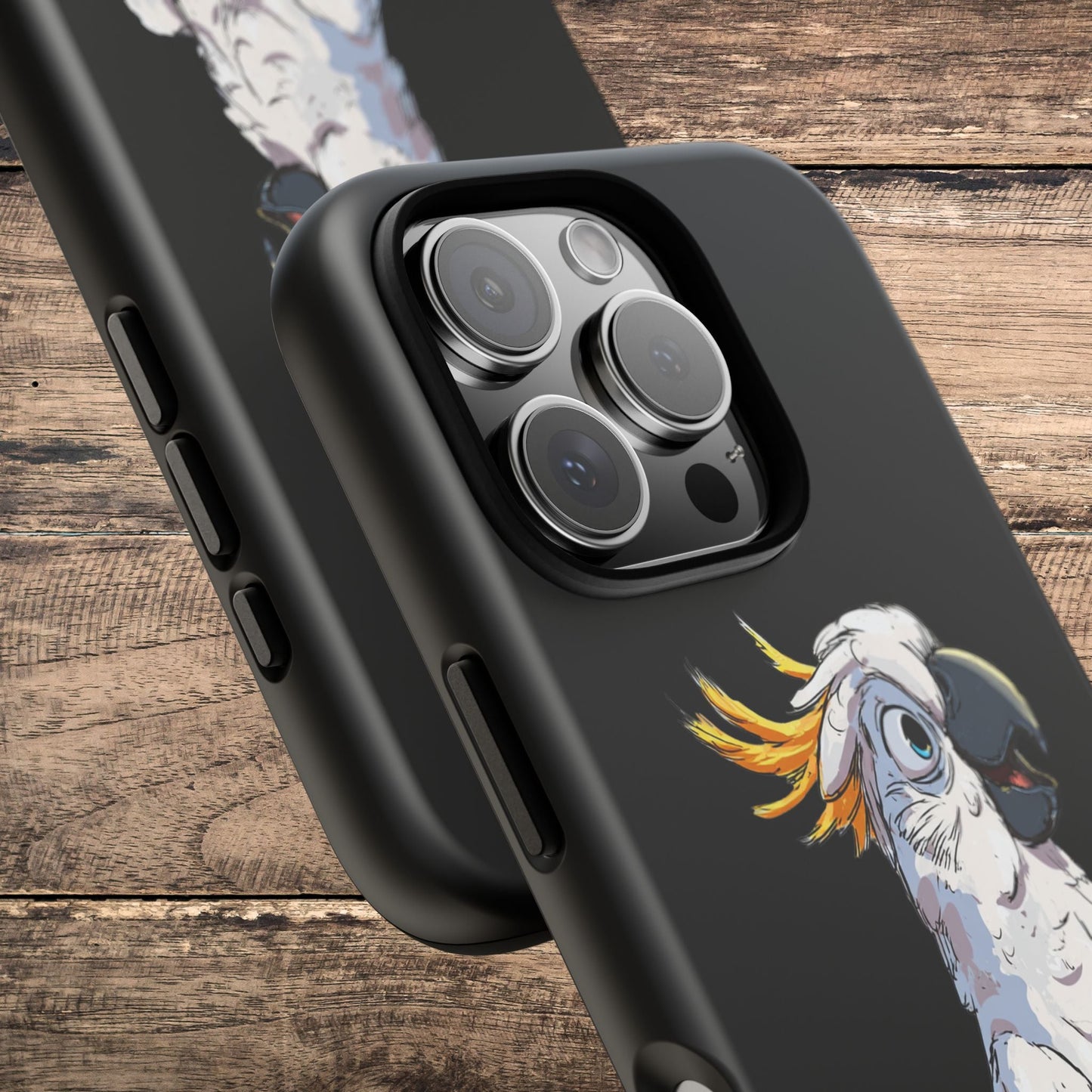Cartoon Cockatoo Phone Case – Funny Bird Lover iPhone Cover, Black 2 Layer Tough Protection - FlooredByArt