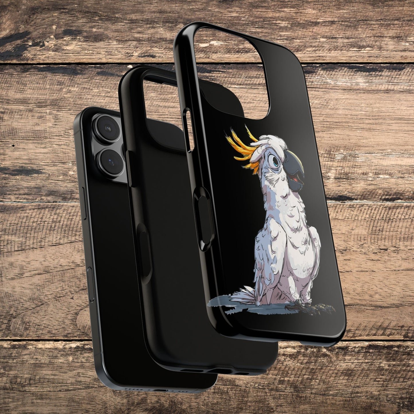 Cartoon Cockatoo Phone Case – Funny Bird Lover iPhone Cover, Black 2 Layer Tough Protection - FlooredByArt