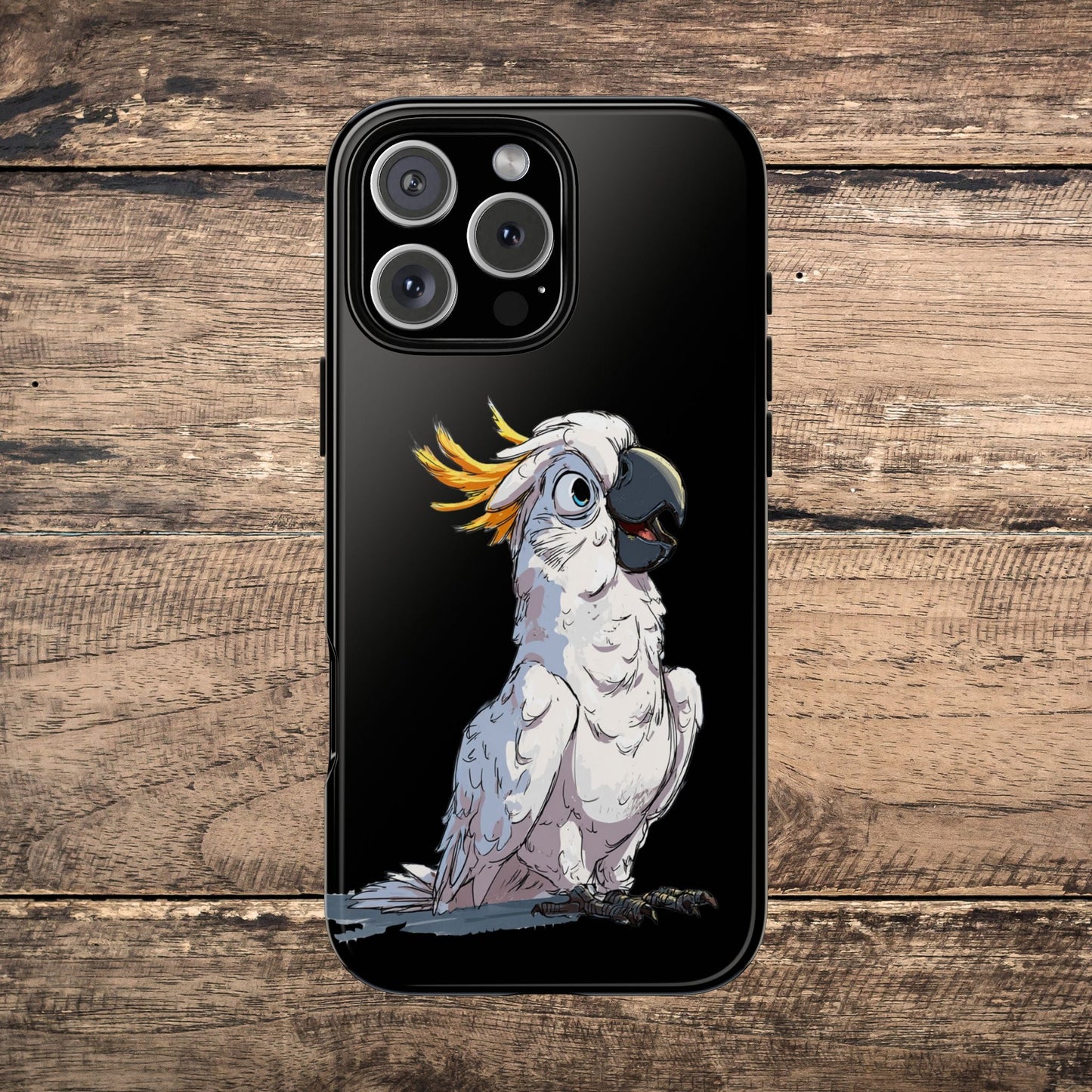 Cartoon Cockatoo Phone Case – Funny Bird Lover iPhone Cover, Black 2 Layer Tough Protection - FlooredByArt