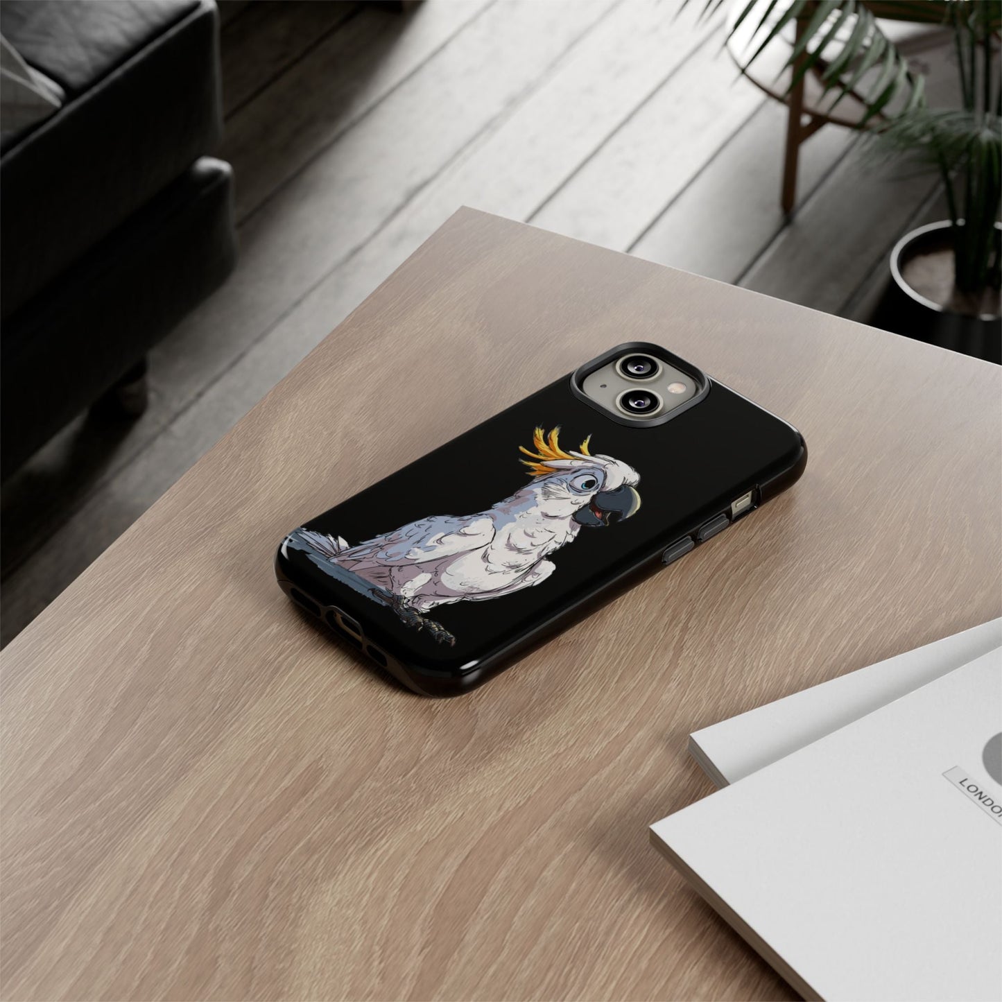 Cartoon Cockatoo Phone Case – Funny Bird Lover iPhone Cover, Black 2 Layer Tough Protection - FlooredByArt