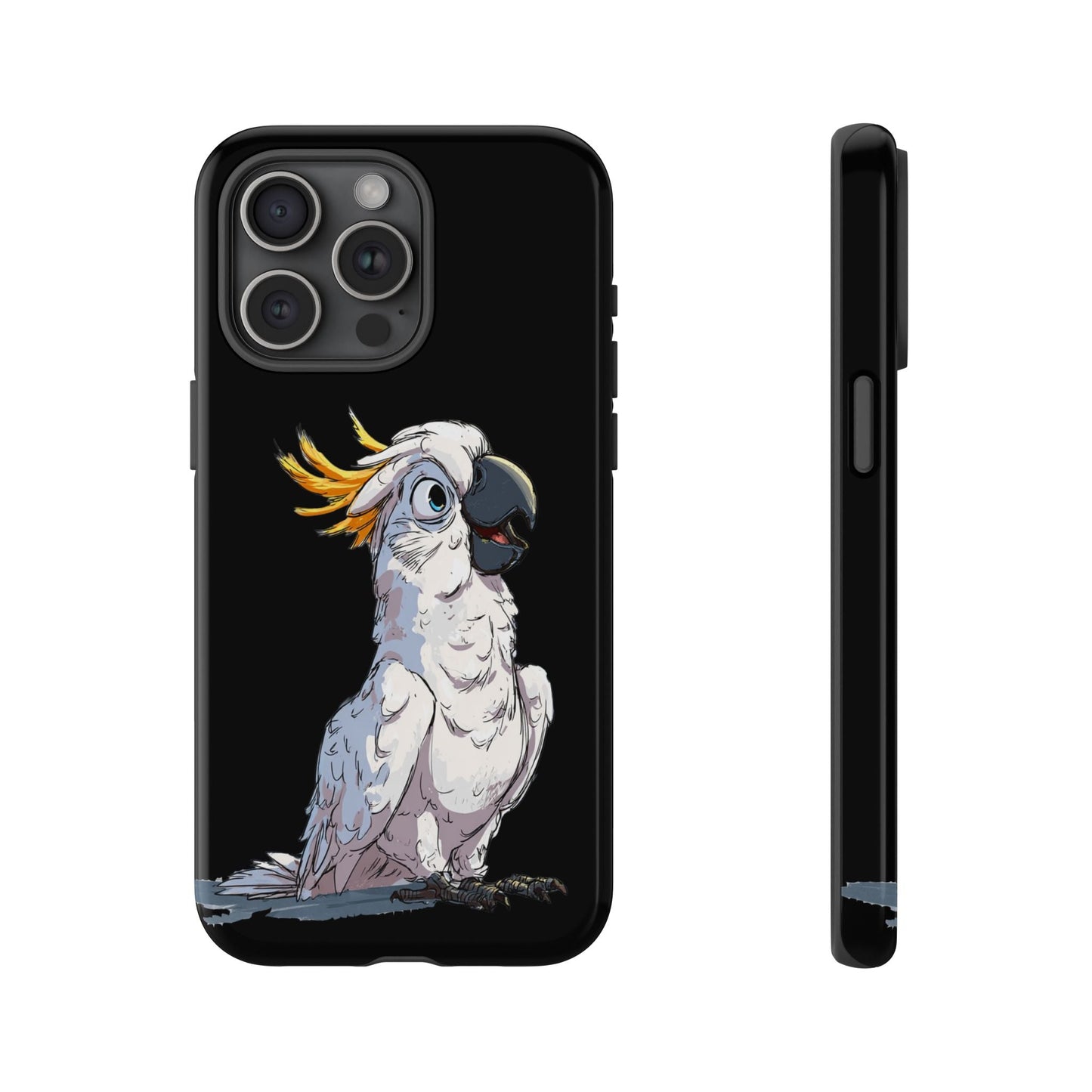 Cartoon Cockatoo Phone Case – Funny Bird Lover iPhone Cover, Black 2 Layer Tough Protection - FlooredByArt