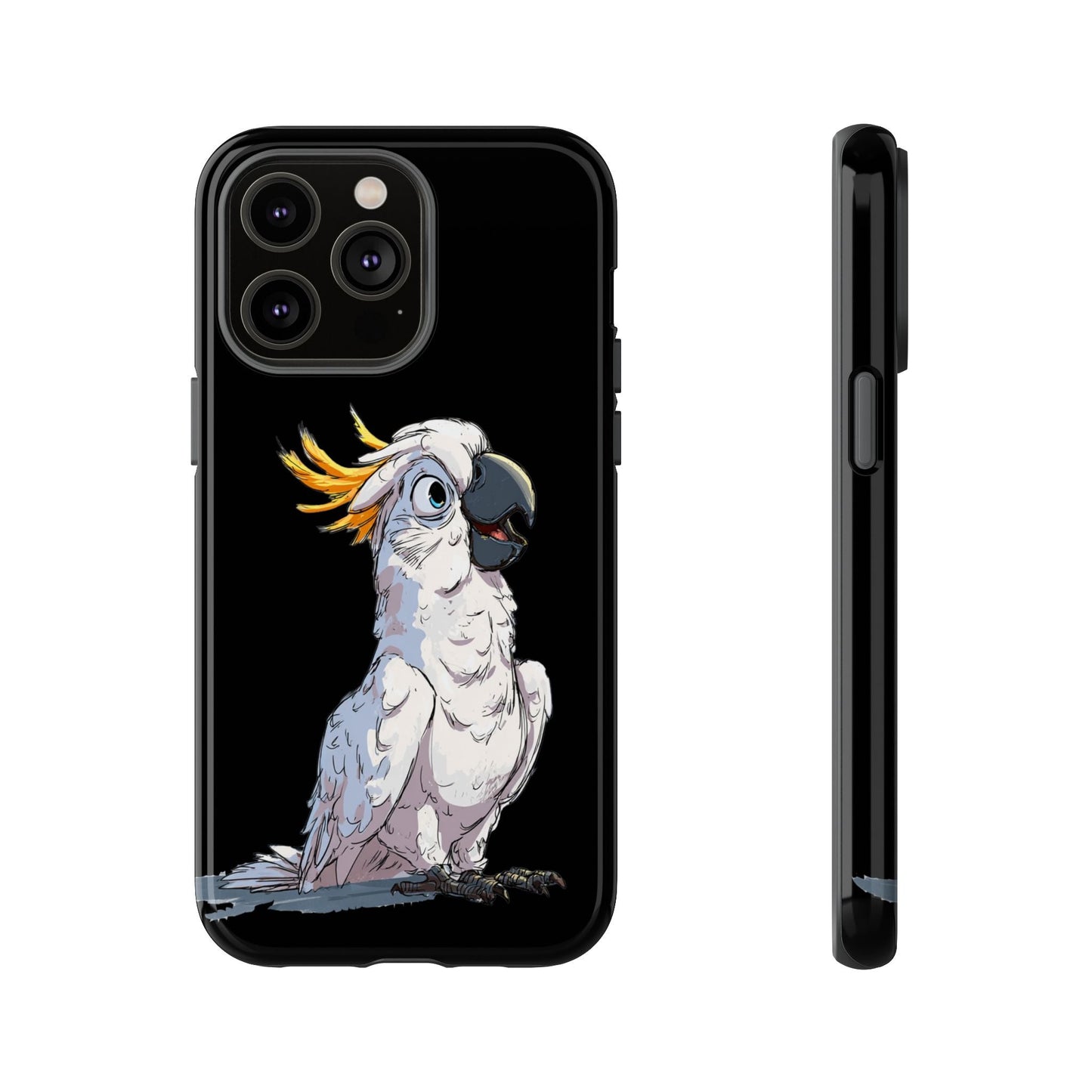 Cartoon Cockatoo Phone Case – Funny Bird Lover iPhone Cover, Black 2 Layer Tough Protection - FlooredByArt