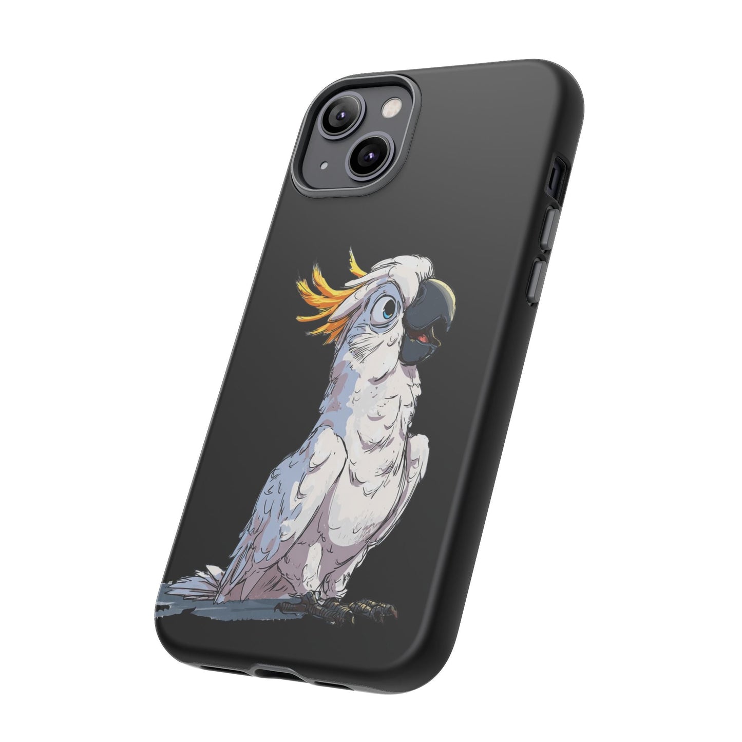Cartoon Cockatoo Phone Case – Funny Bird Lover iPhone Cover, Black 2 Layer Tough Protection - FlooredByArt