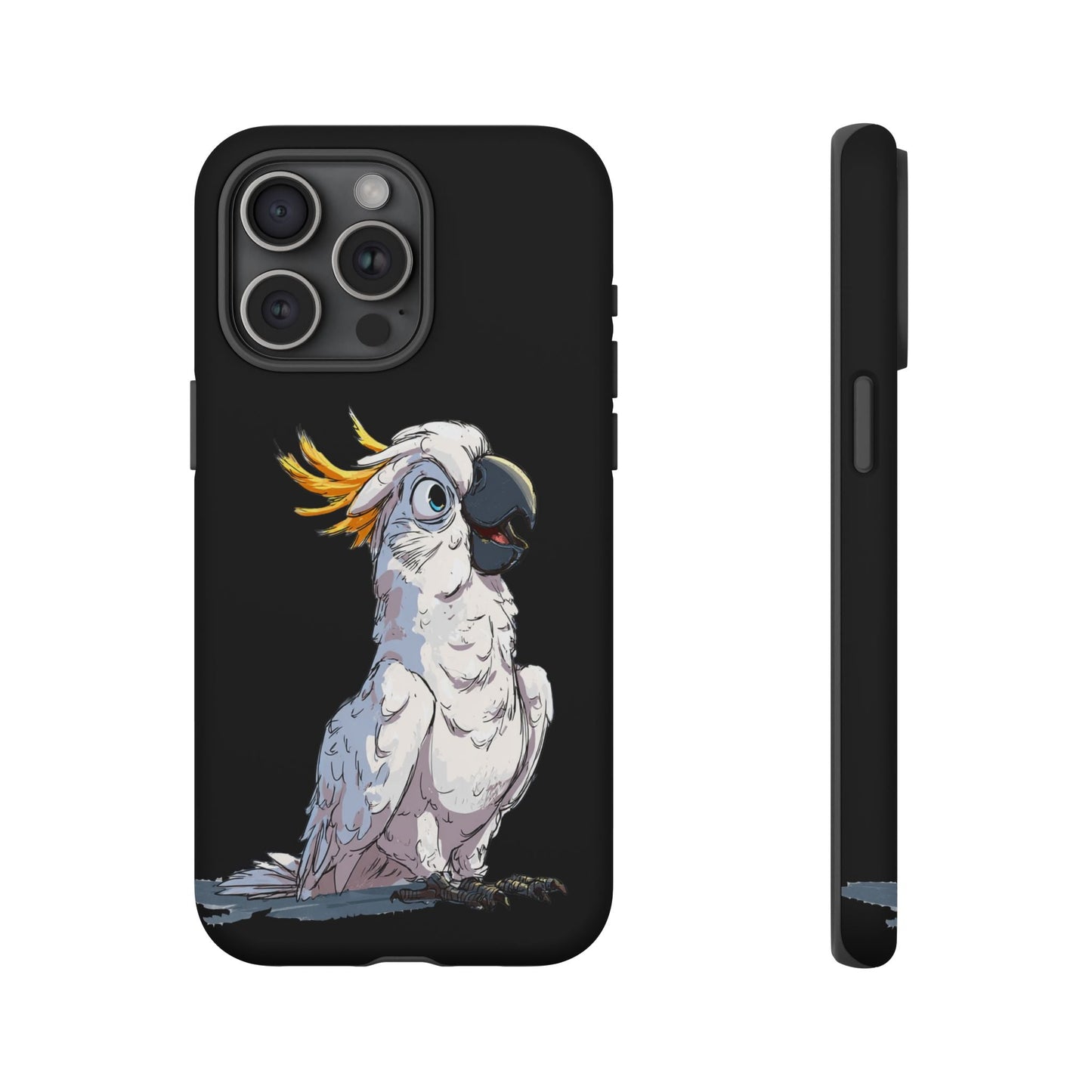 Cartoon Cockatoo Phone Case – Funny Bird Lover iPhone Cover, Black 2 Layer Tough Protection - FlooredByArt