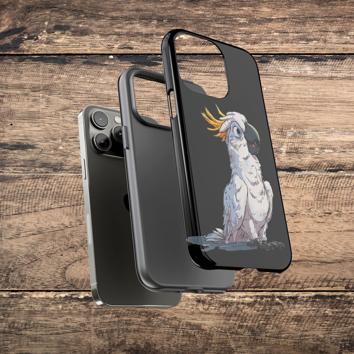Cartoon Cockatoo Phone Case – Funny Bird Lover iPhone Cover, Black 2 Layer Tough Protection - FlooredByArt