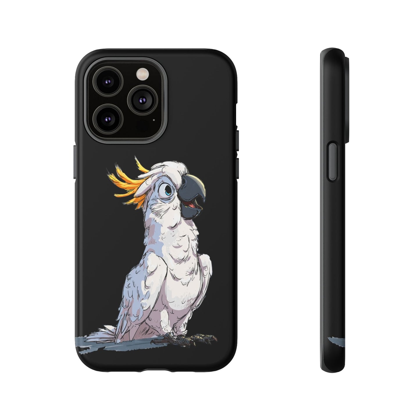 Cartoon Cockatoo Phone Case – Funny Bird Lover iPhone Cover, Black 2 Layer Tough Protection - FlooredByArt