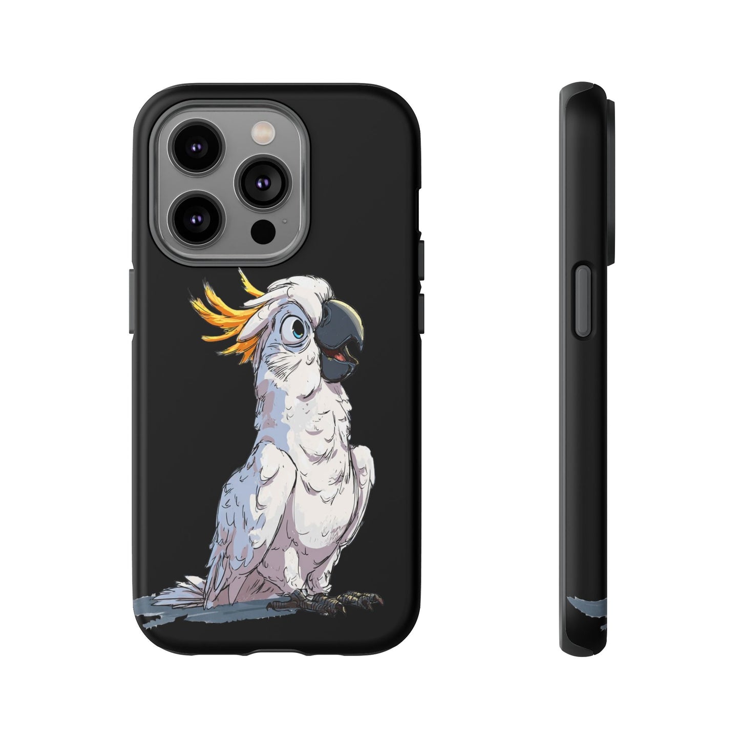 Cartoon Cockatoo Phone Case – Funny Bird Lover iPhone Cover, Black 2 Layer Tough Protection - FlooredByArt