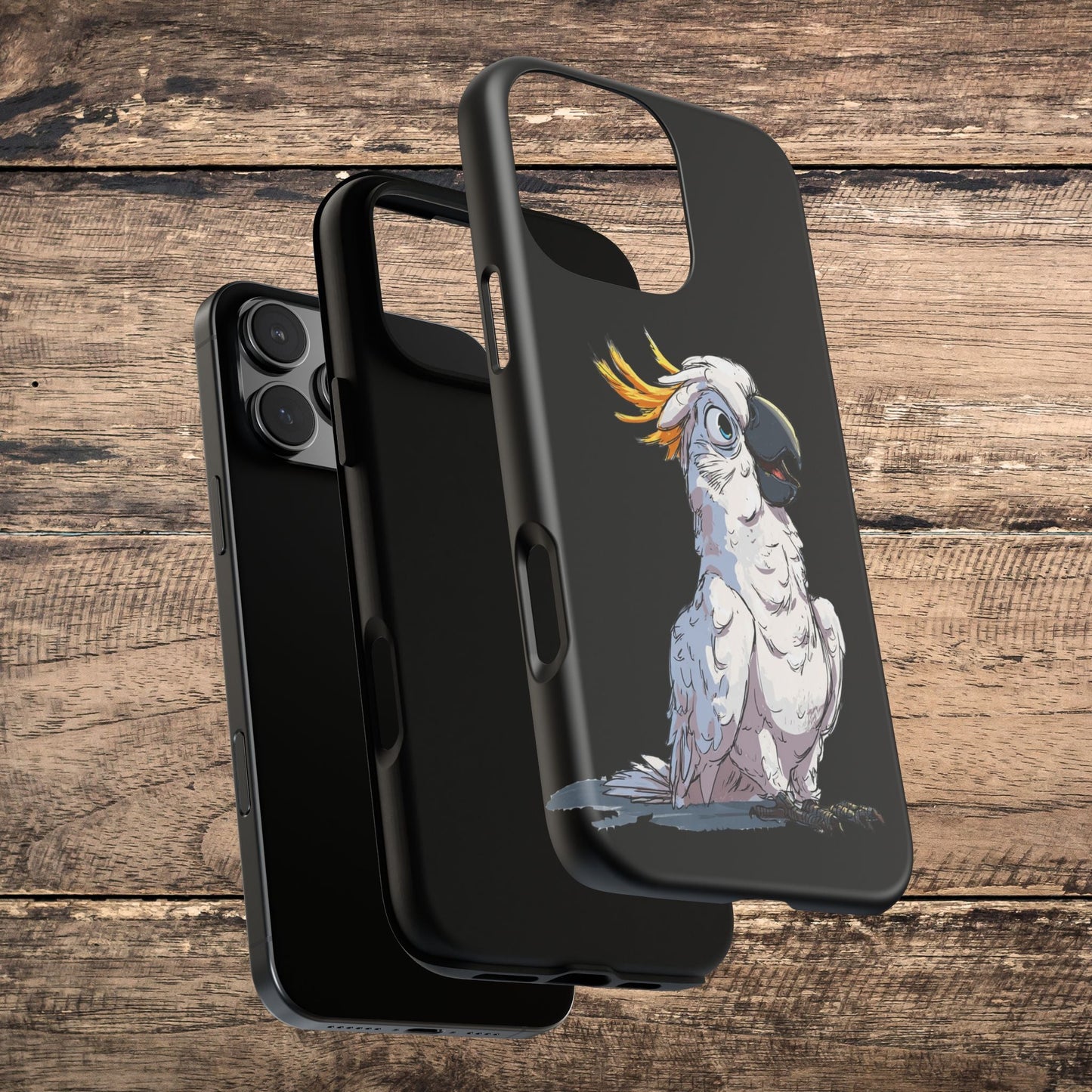 Cartoon Cockatoo Phone Case – Funny Bird Lover iPhone Cover, Black 2 Layer Tough Protection - FlooredByArt