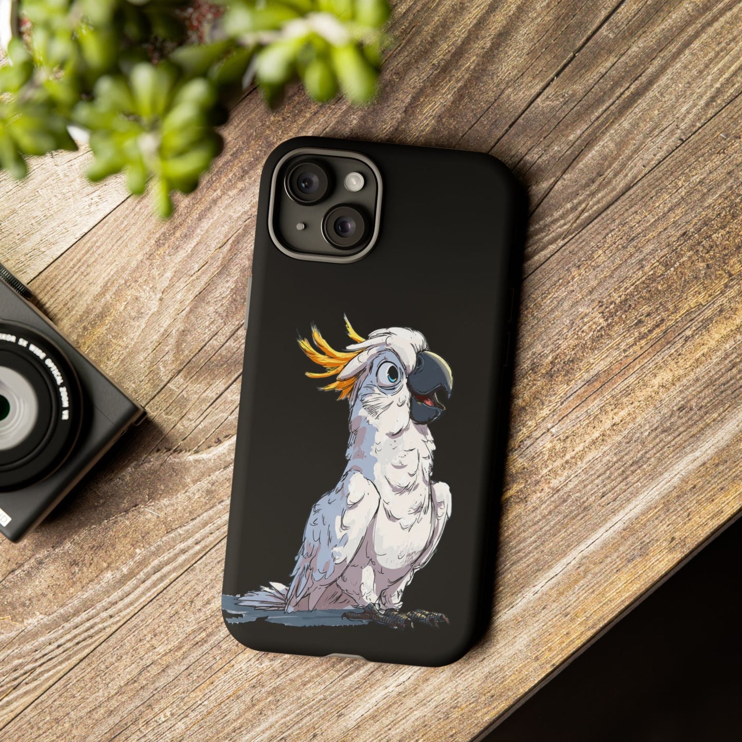 Cartoon Cockatoo Phone Case – Funny Bird Lover iPhone Cover, Black 2 Layer Tough Protection - FlooredByArt