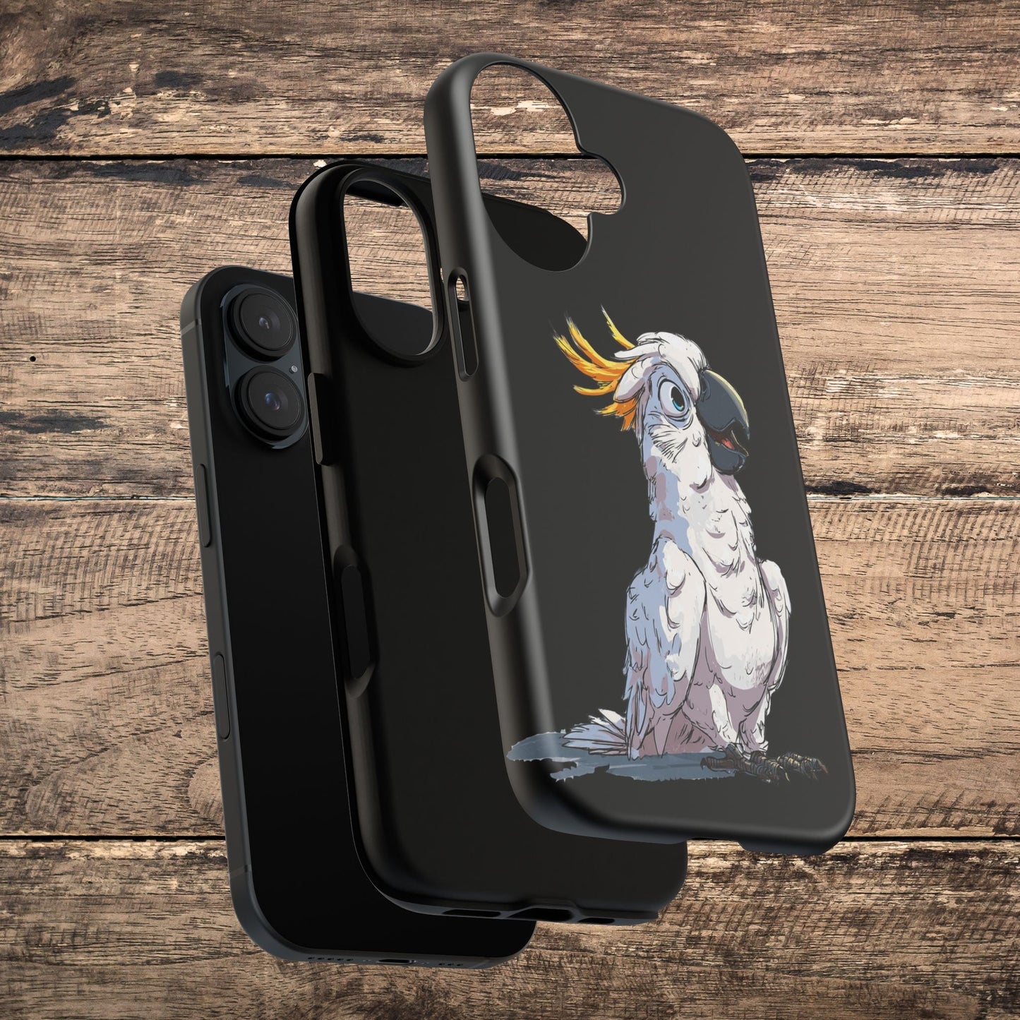 Cartoon Cockatoo Phone Case – Funny Bird Lover iPhone Cover, Black 2 Layer Tough Protection - FlooredByArt