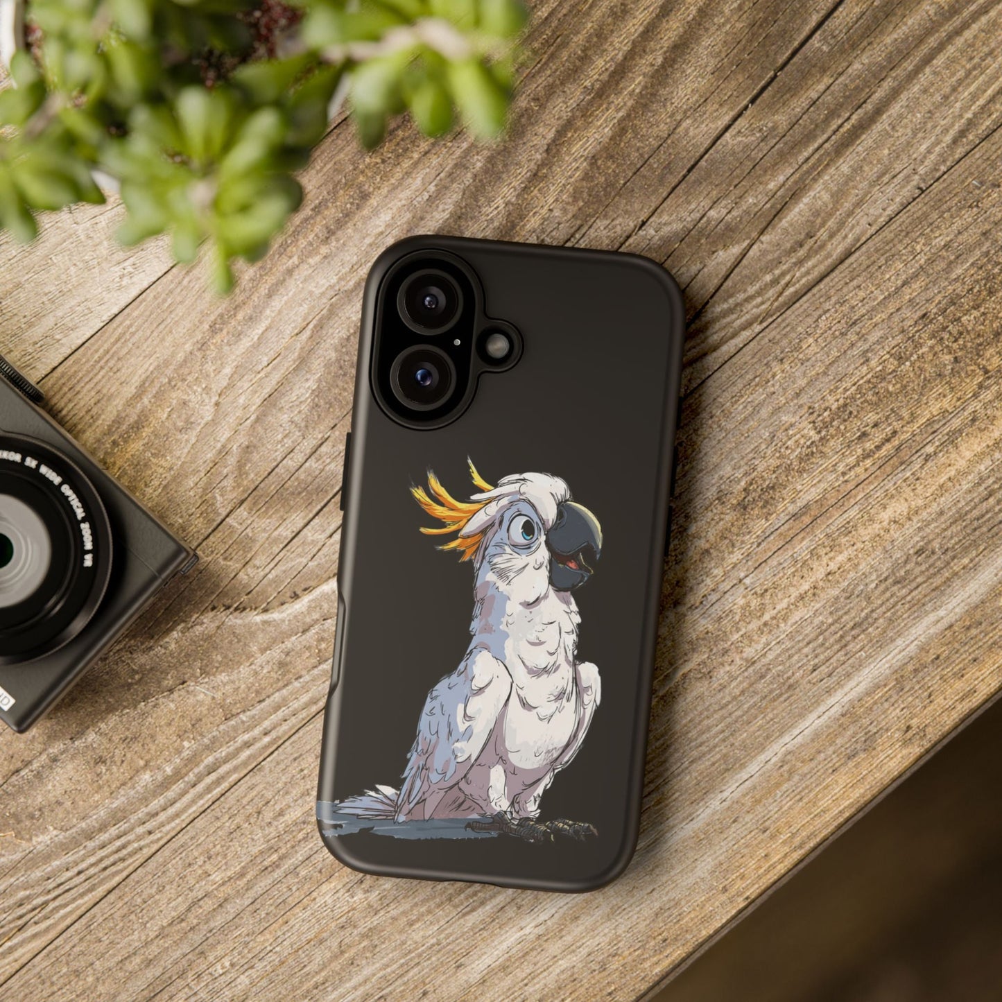 Cartoon Cockatoo Phone Case – Funny Bird Lover iPhone Cover, Black 2 Layer Tough Protection - FlooredByArt