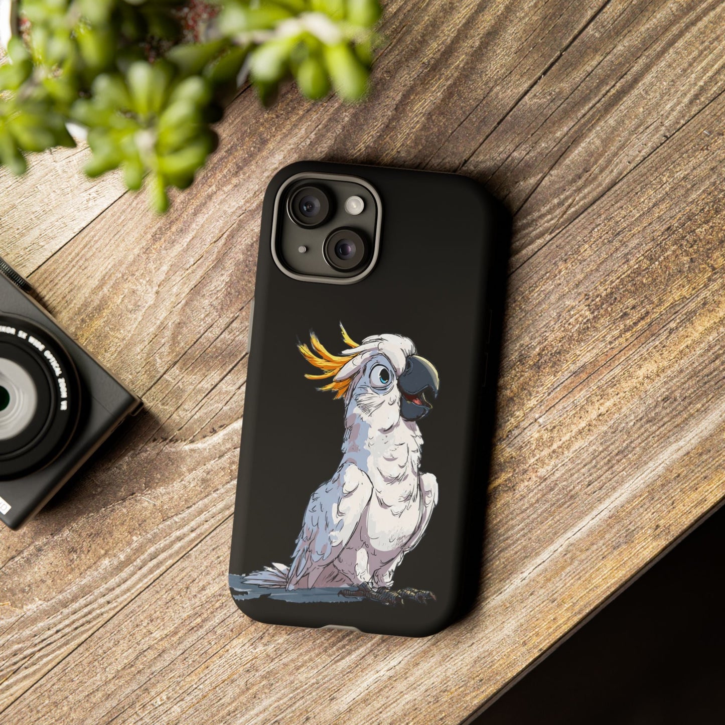 Cartoon Cockatoo Phone Case – Funny Bird Lover iPhone Cover, Black 2 Layer Tough Protection - FlooredByArt