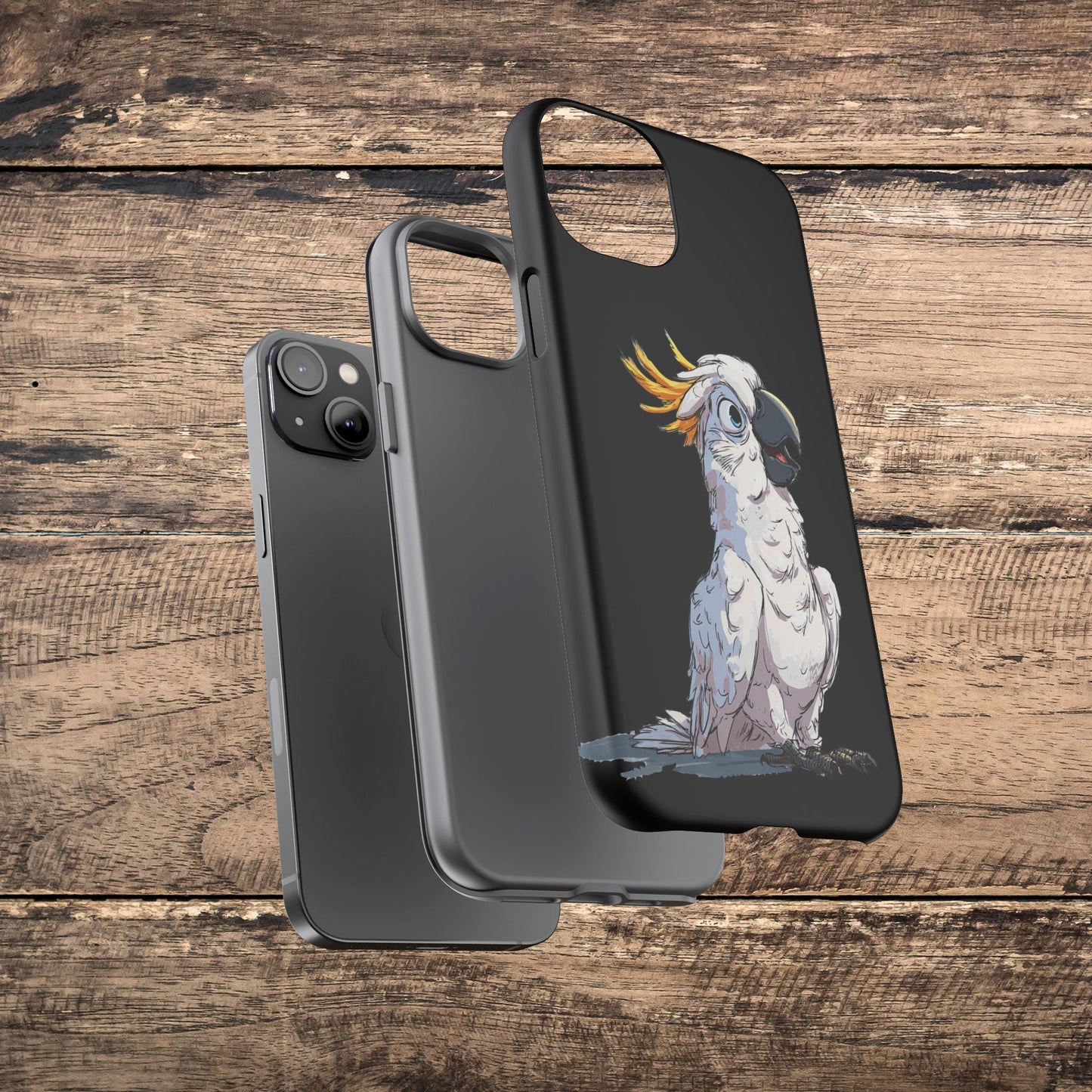 Cartoon Cockatoo Phone Case – Funny Bird Lover iPhone Cover, Black 2 Layer Tough Protection - FlooredByArt