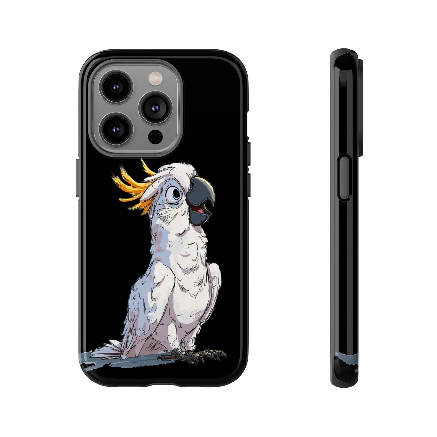 Cartoon Cockatoo Phone Case – Funny Bird Lover iPhone Cover, Black 2 Layer Tough Protection - FlooredByArt