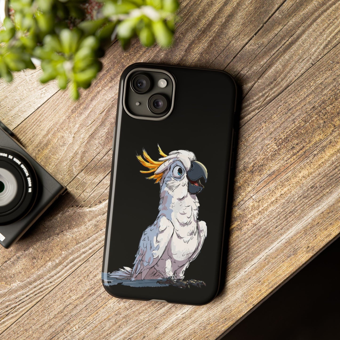 Cartoon Cockatoo Phone Case – Funny Bird Lover iPhone Cover, Black 2 Layer Tough Protection - FlooredByArt