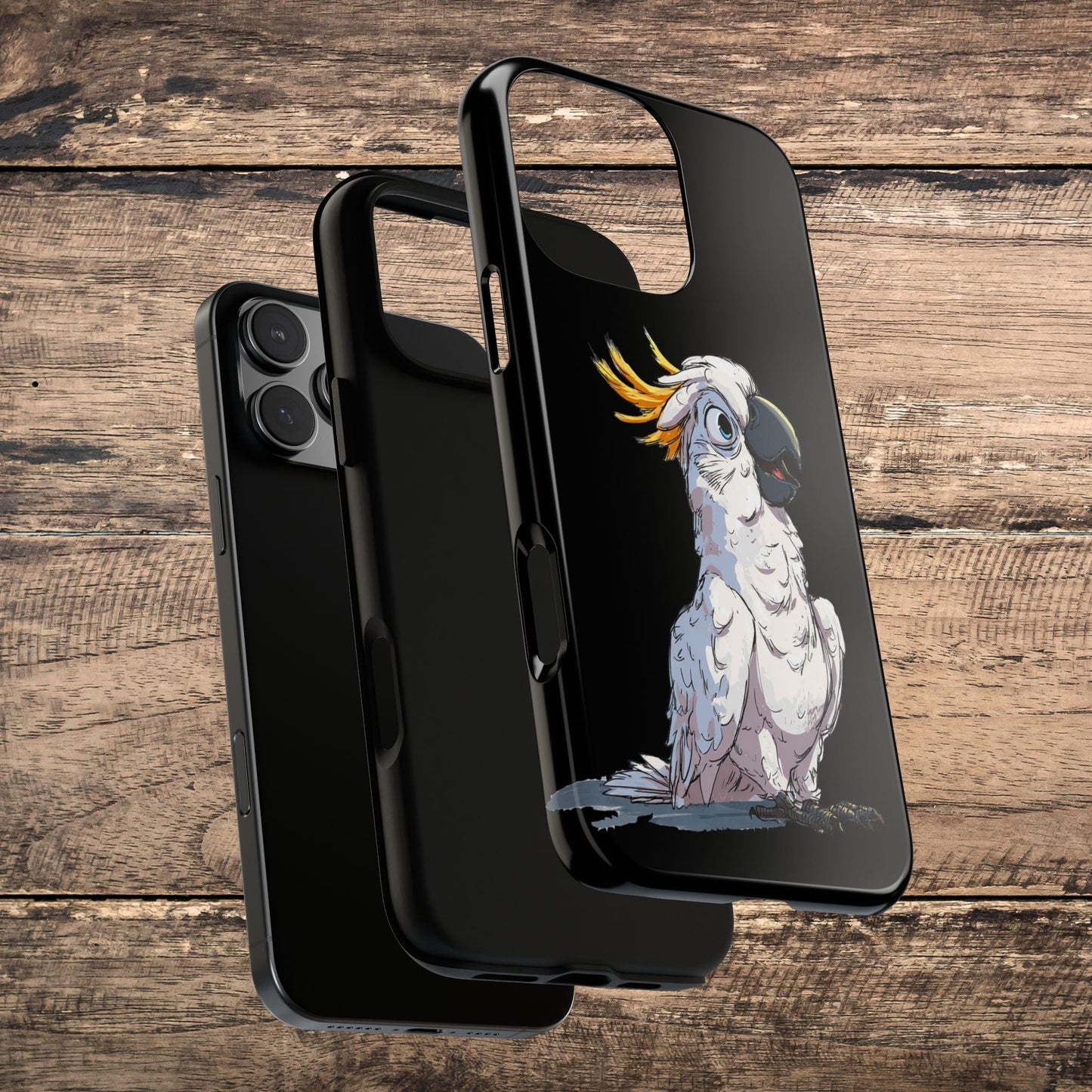 Cartoon Cockatoo Phone Case – Funny Bird Lover iPhone Cover, Black 2 Layer Tough Protection - FlooredByArt