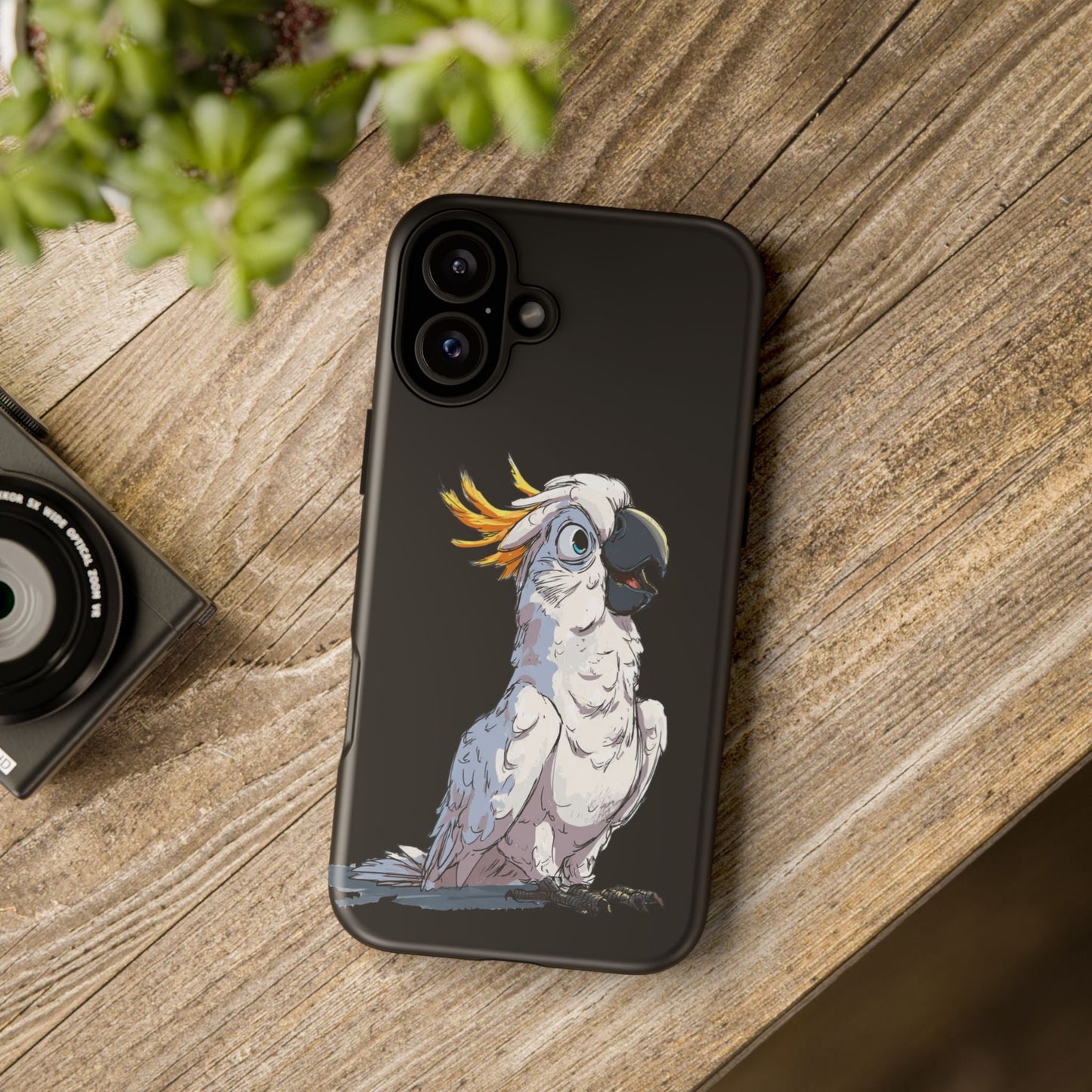 Cartoon Cockatoo Phone Case – Funny Bird Lover iPhone Cover, Black 2 Layer Tough Protection - FlooredByArt
