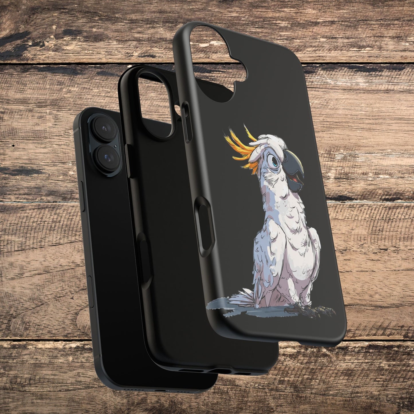 Cartoon Cockatoo Phone Case – Funny Bird Lover iPhone Cover, Black 2 Layer Tough Protection - FlooredByArt
