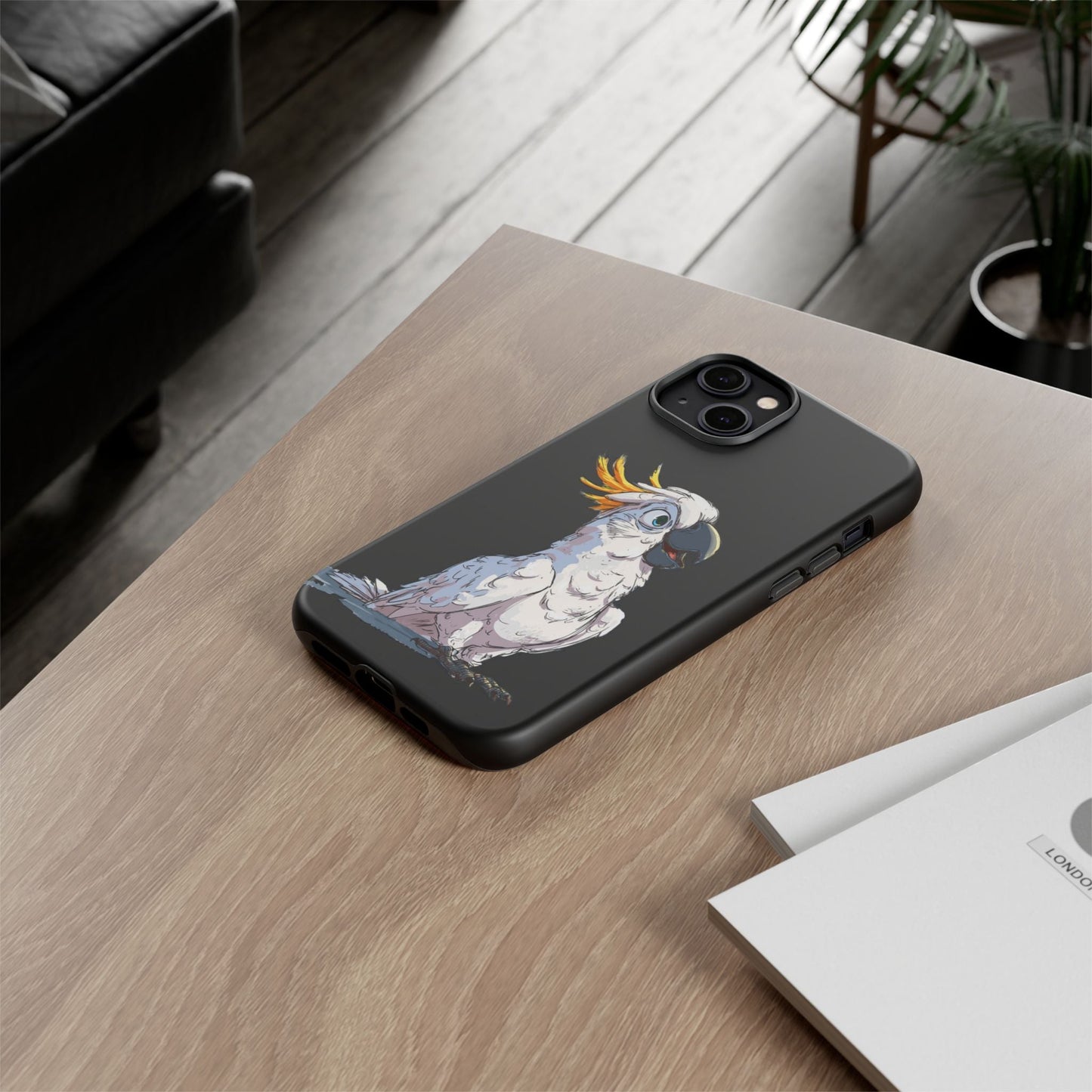 Cartoon Cockatoo Phone Case – Funny Bird Lover iPhone Cover, Black 2 Layer Tough Protection - FlooredByArt