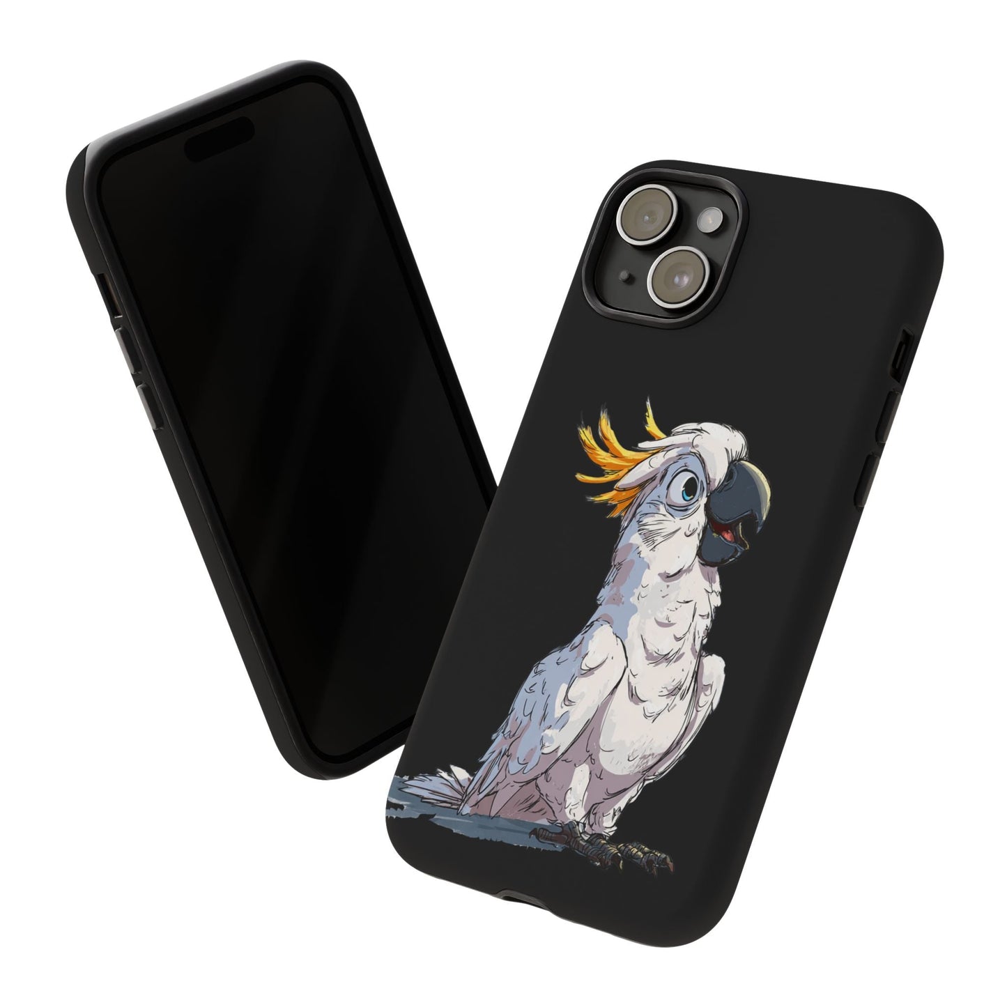 Cartoon Cockatoo Phone Case – Funny Bird Lover iPhone Cover, Black 2 Layer Tough Protection - FlooredByArt
