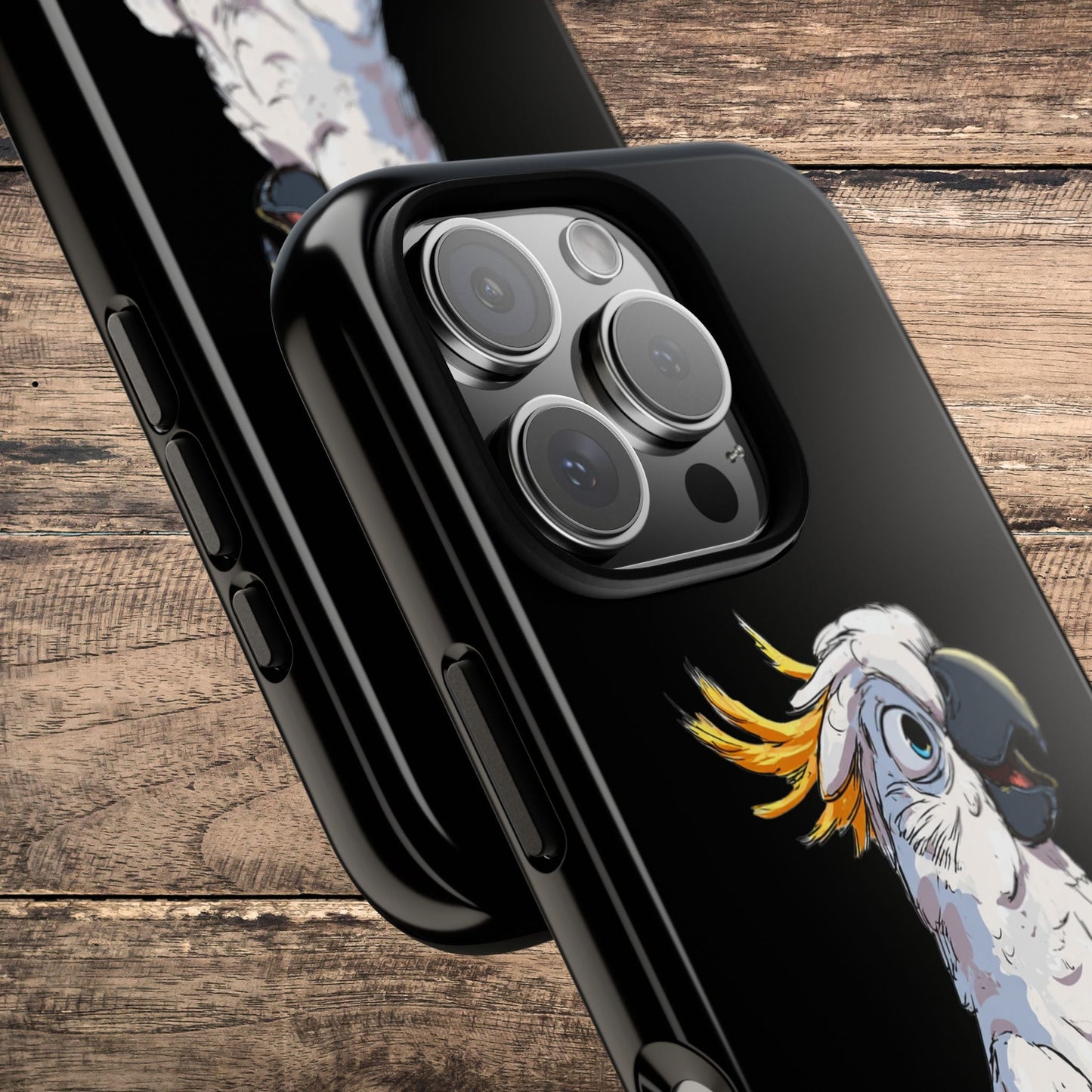 Cartoon Cockatoo Phone Case – Funny Bird Lover iPhone Cover, Black 2 Layer Tough Protection - FlooredByArt
