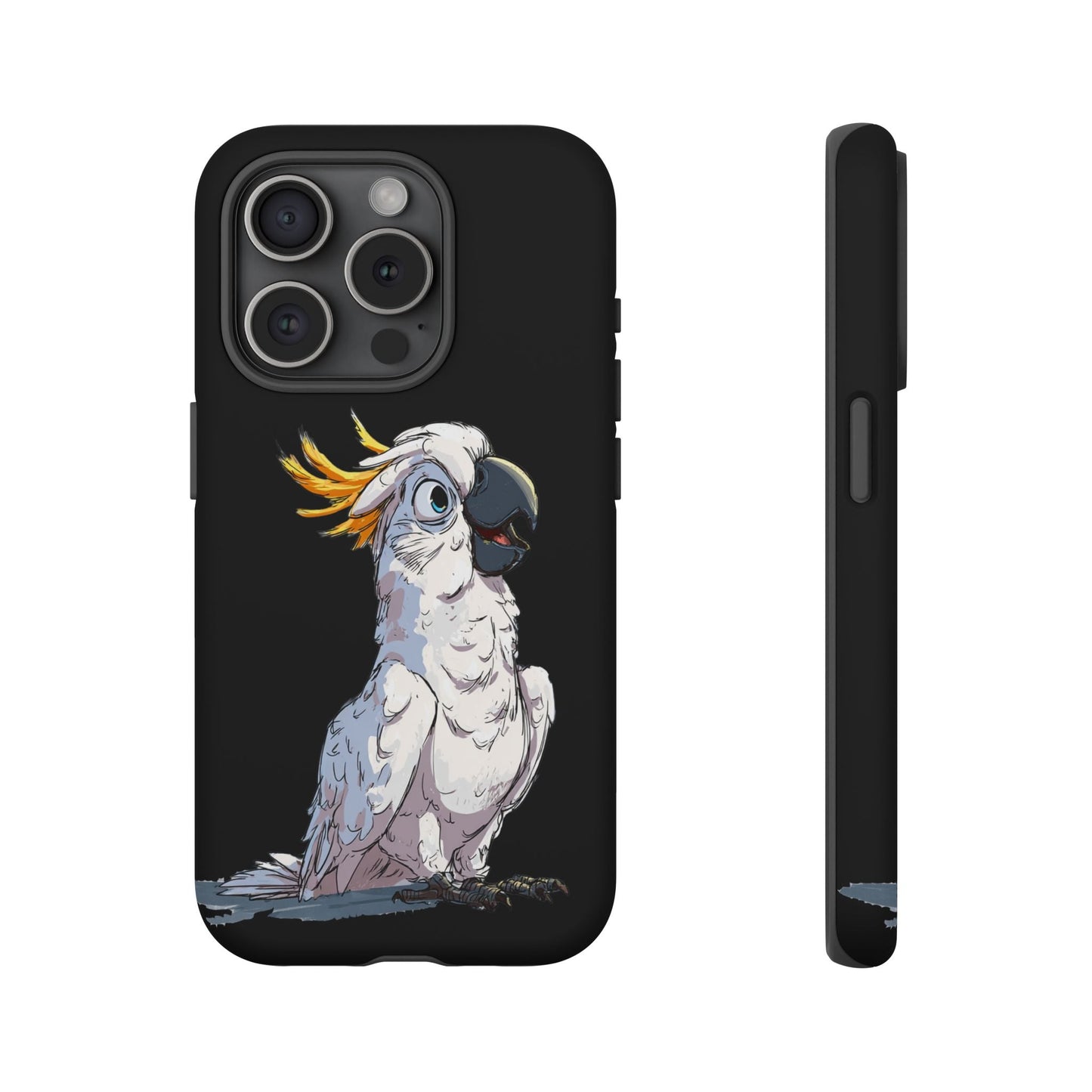 Cartoon Cockatoo Phone Case – Funny Bird Lover iPhone Cover, Black 2 Layer Tough Protection - FlooredByArt