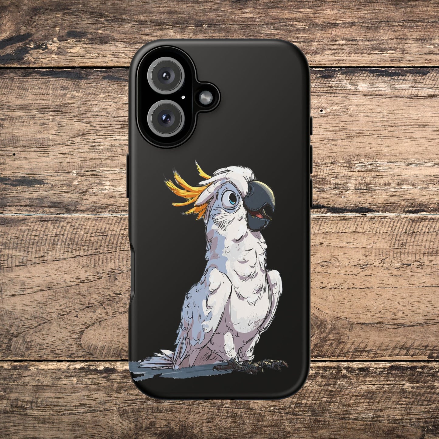 Cartoon Cockatoo Phone Case – Funny Bird Lover iPhone Cover, Black 2 Layer Tough Protection - FlooredByArt