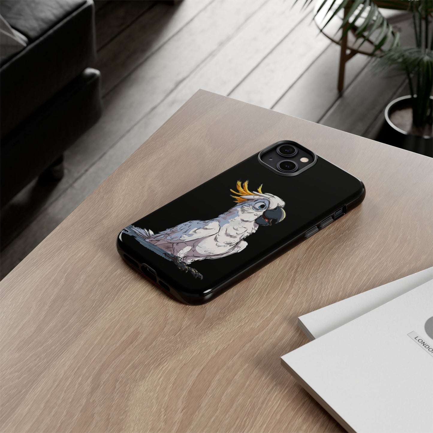 Cartoon Cockatoo Phone Case – Funny Bird Lover iPhone Cover, Black 2 Layer Tough Protection - FlooredByArt