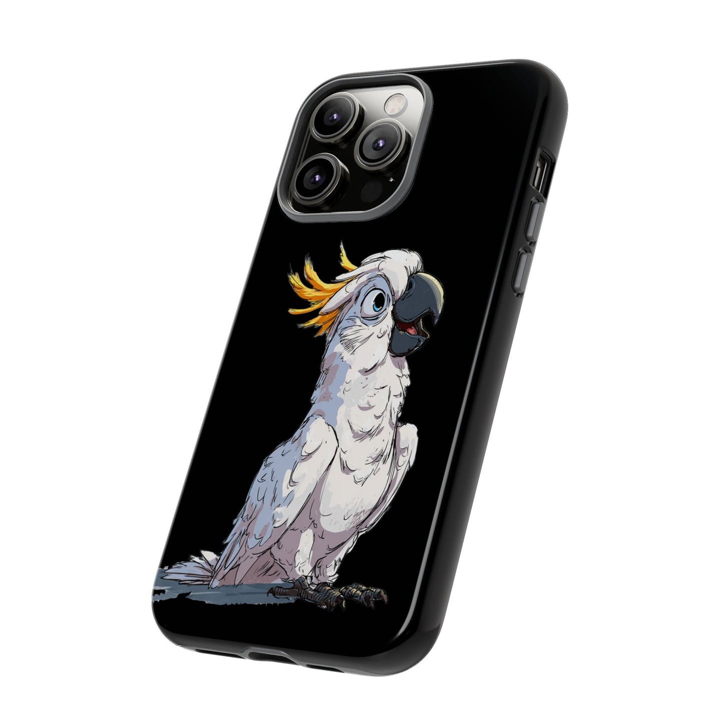 Cartoon Cockatoo Phone Case – Funny Bird Lover iPhone Cover, Black 2 Layer Tough Protection - FlooredByArt
