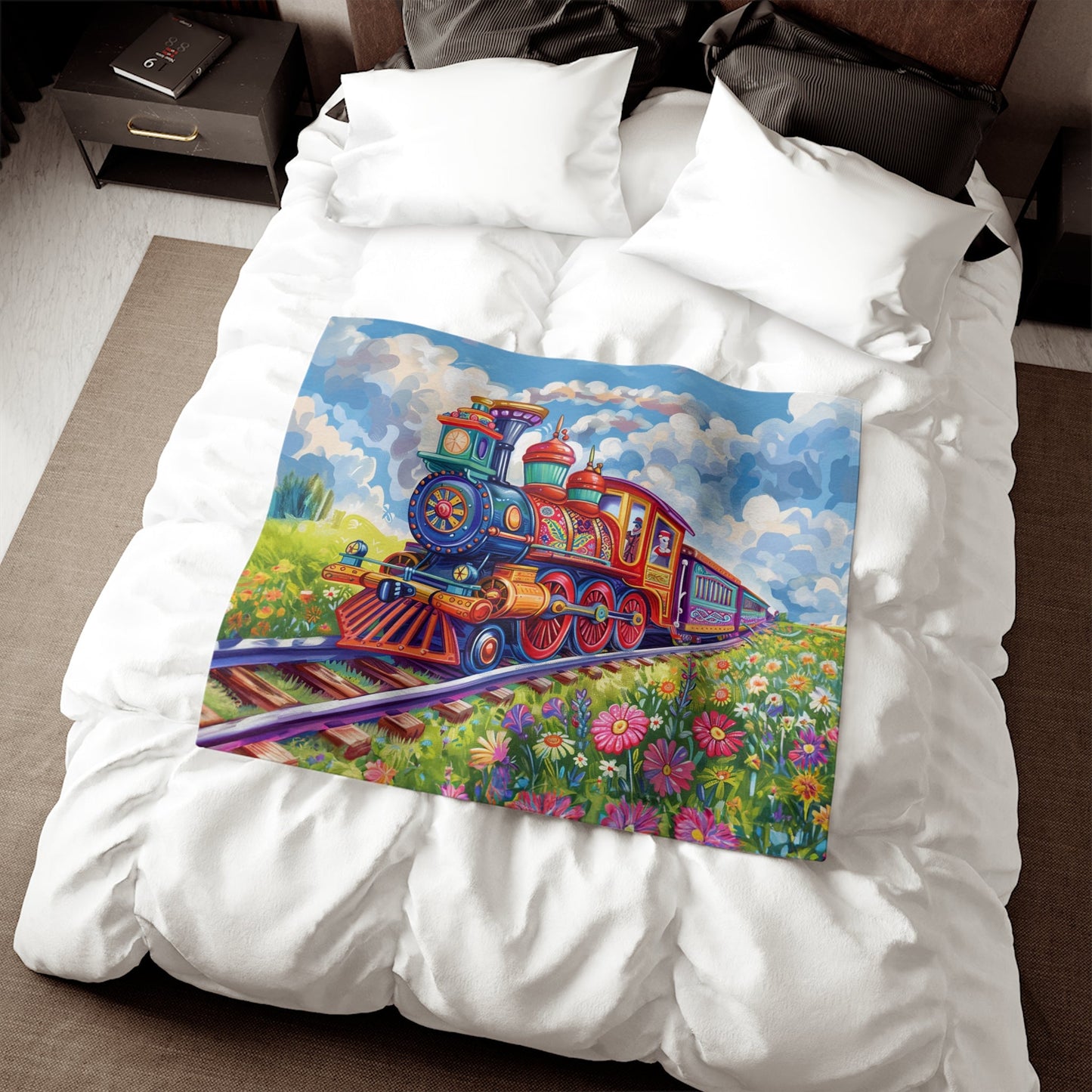 Childrens Room Train Art Sweatshirt Blanket, CUTE Original Choo - Choo Design - FlooredByArt