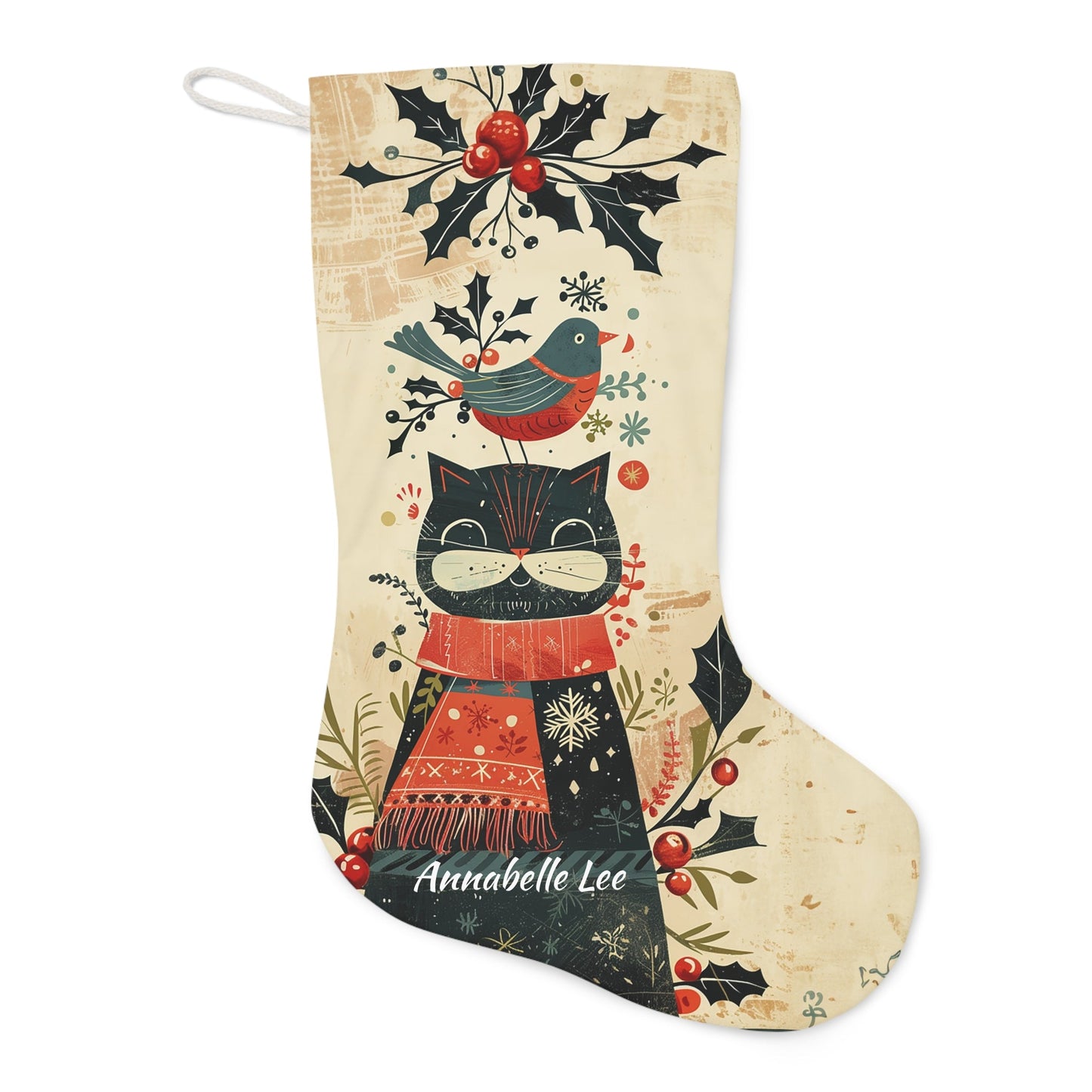 Christmas Cat Stocking - A Folk Art Cat with Bird and Berries, Rustic Scandinavian Holiday Decor - FlooredByArt