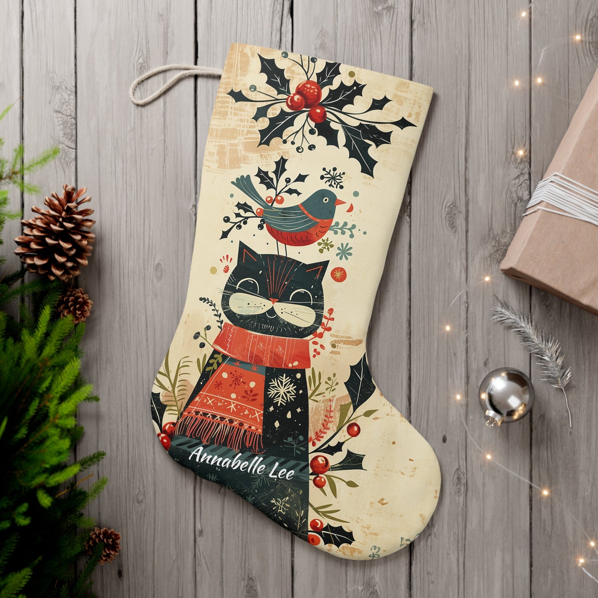 Christmas Cat Stocking - A Folk Art Cat with Bird and Berries, Rustic Scandinavian Holiday Decor - FlooredByArt
